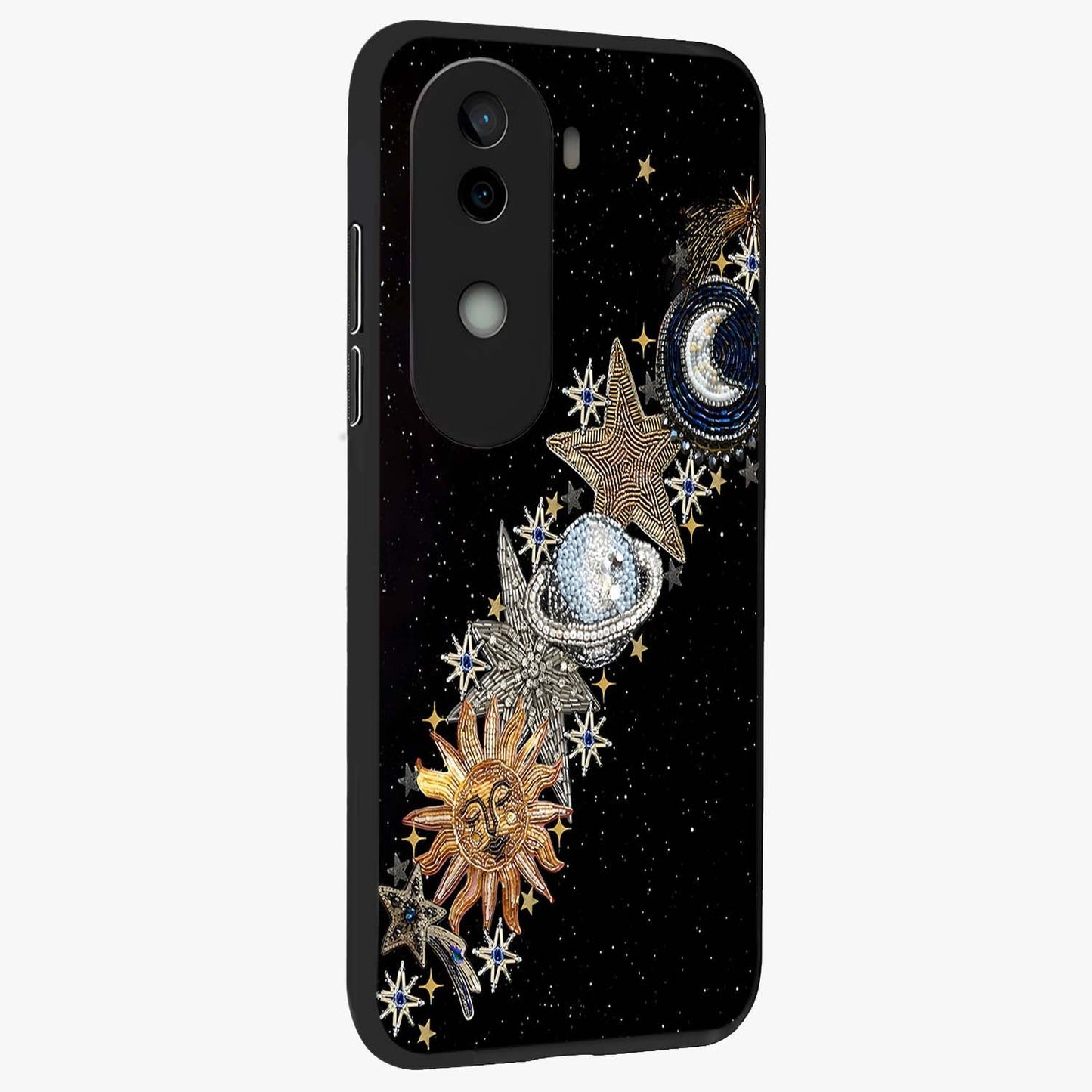 Pearls Universe Object Glass Case upright view showcasing decorative pearl themed artwork with cosmic elegance.