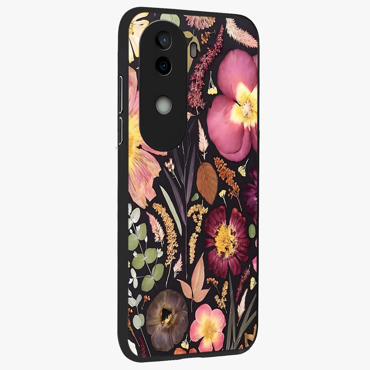 Petal Dream Tapestry Glass Case upright view showcasing detailed floral tapestry artwork with artistic nature theme.