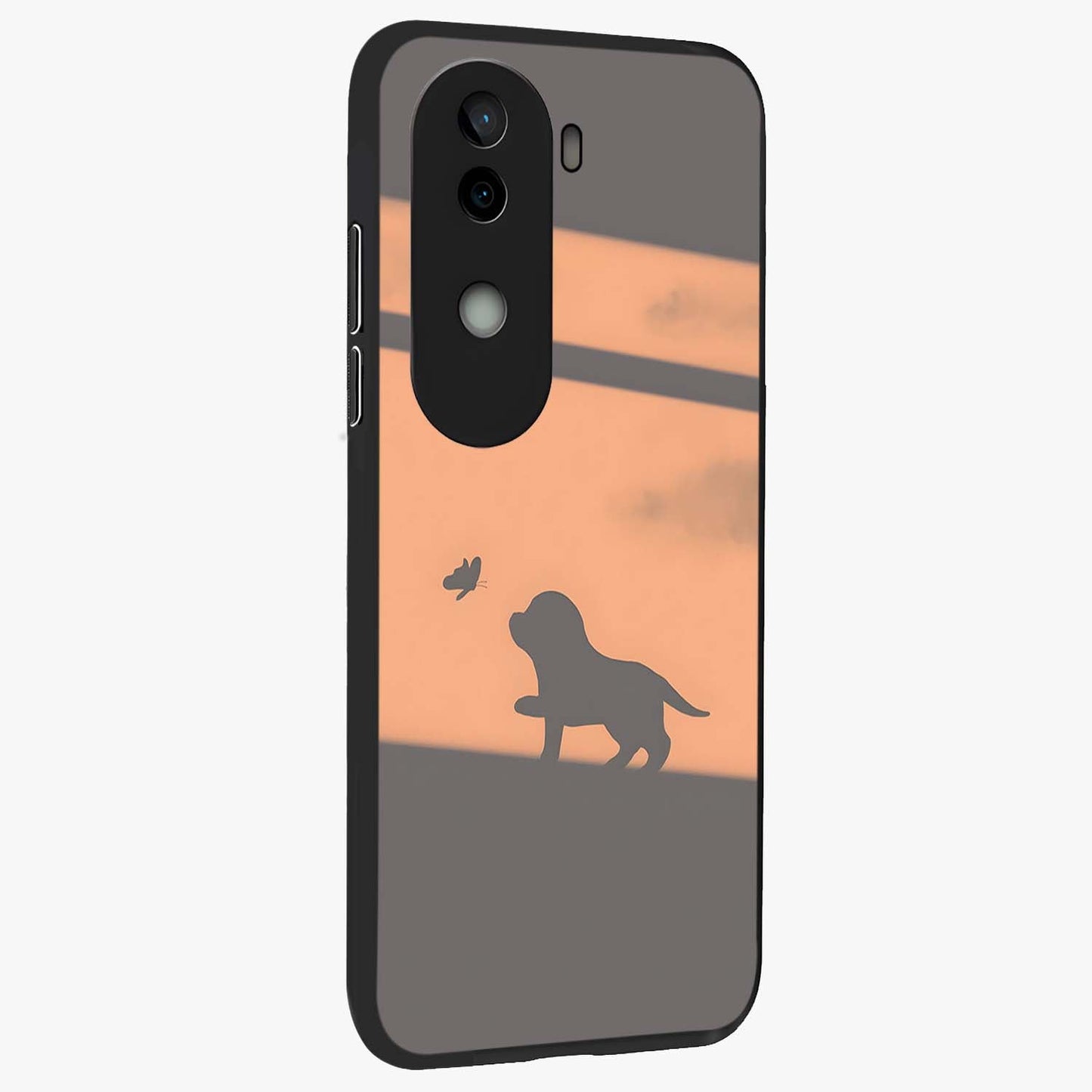 Puppy Shadow Art Glass Case upright view showcasing charming puppy artwork with creative silhouette theme.