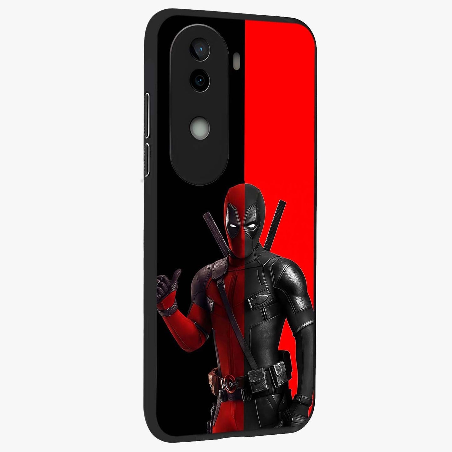 Red & Black Deadpool Theme Glass Case upright view showcasing energetic comic themed artwork with striking red and black design.