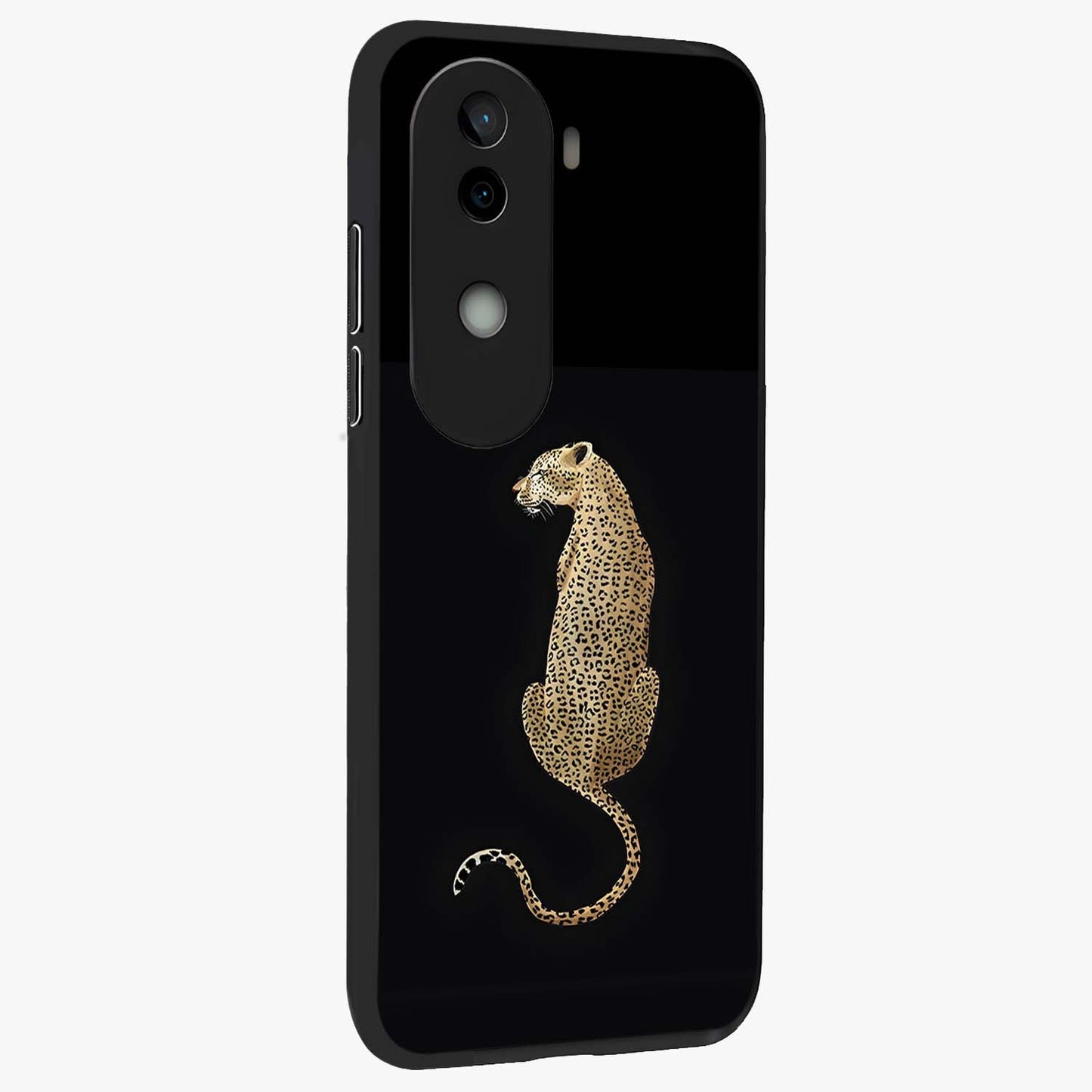 Regal Leopard Glass Case upright view showcasing striking leopard artwork with fierce wildlife theme.