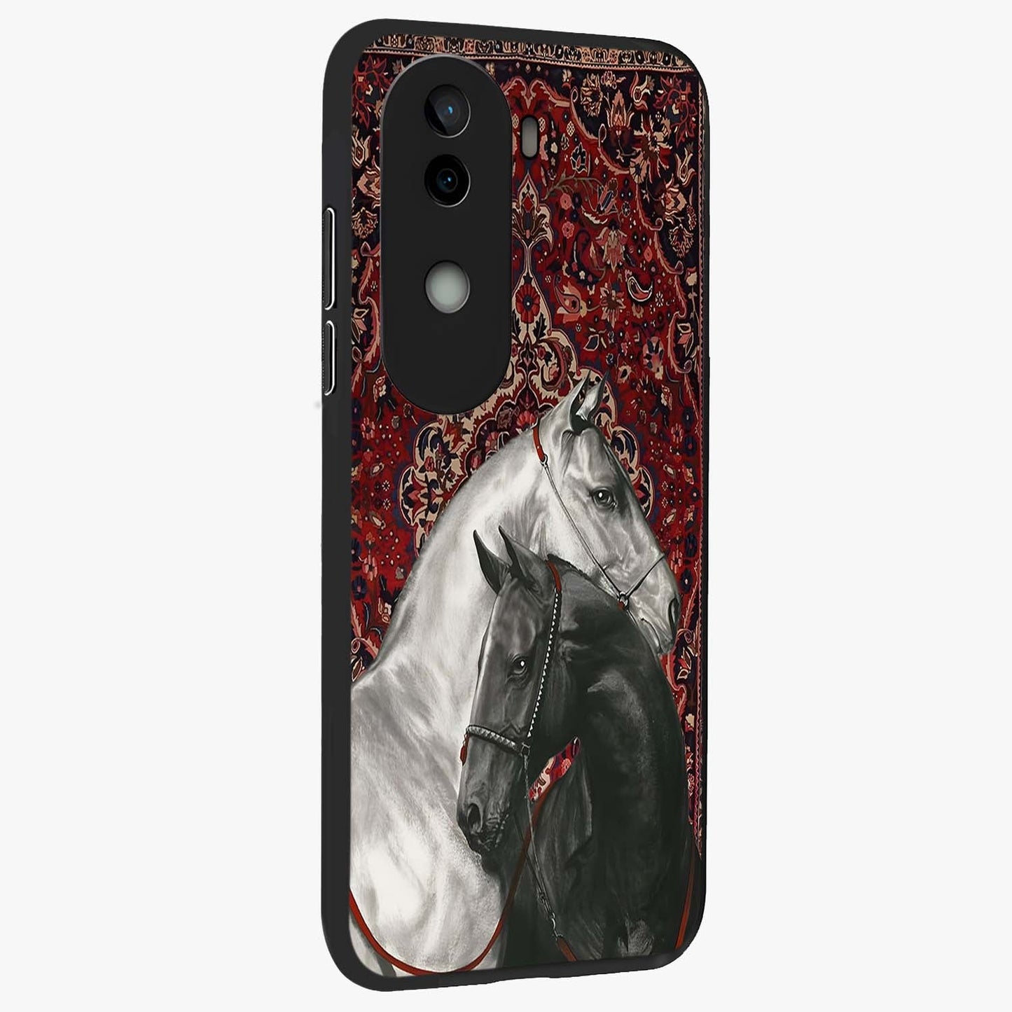Regal Stallion Tapestry Glass Case upright view showcasing powerful horse artwork with elegant tapestry theme.