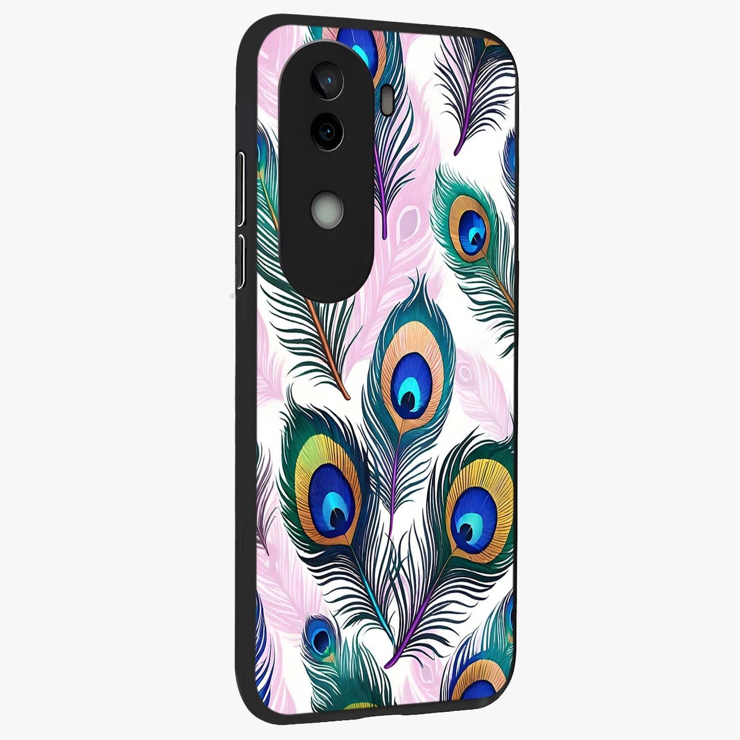 Royal Peacock Feathers Glass Case upright view showcasing elegant peacock feather artwork with decorative royal theme.