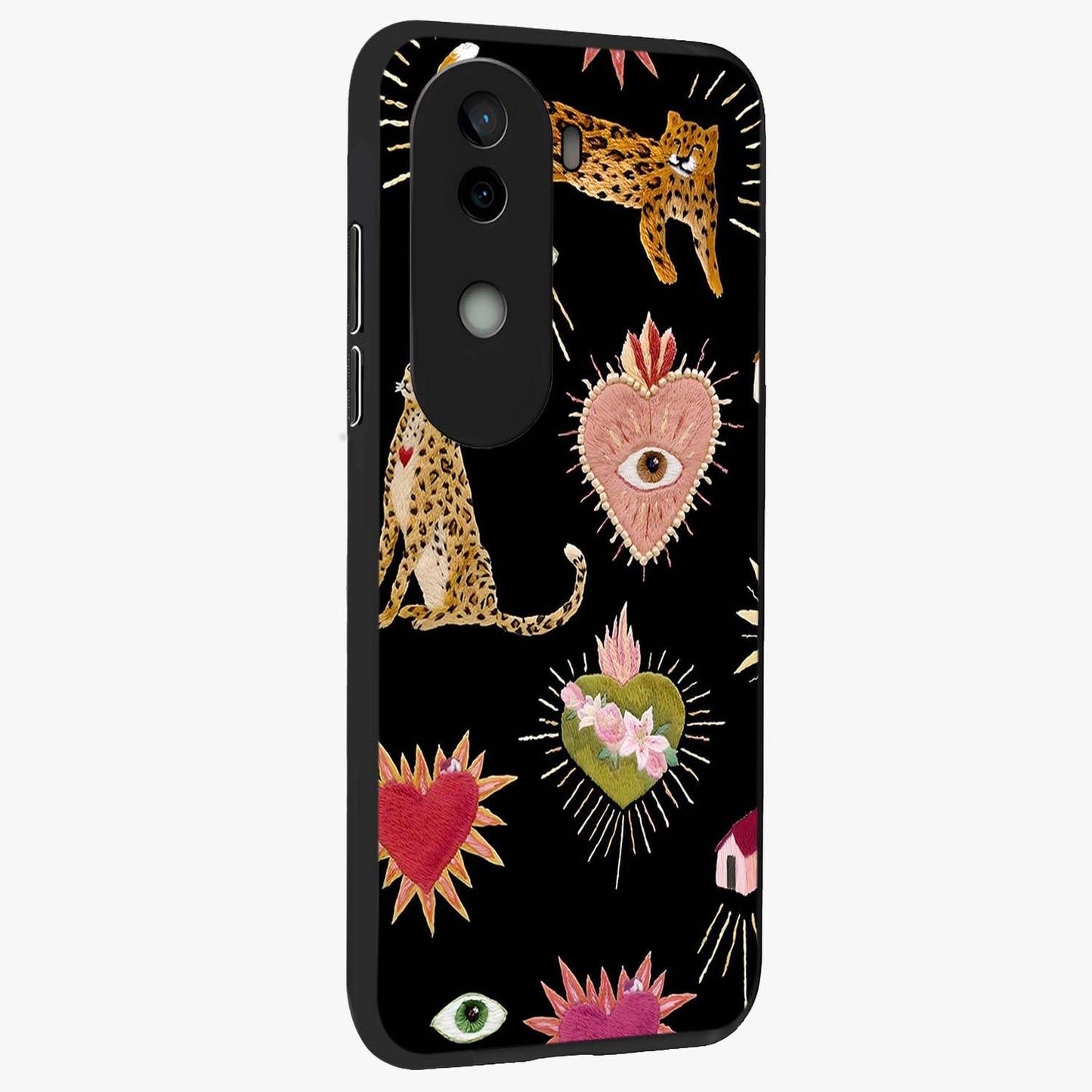 Sacred Jungle Heart Glass Case upright view showcasing vibrant jungle artwork with symbolic heart theme.