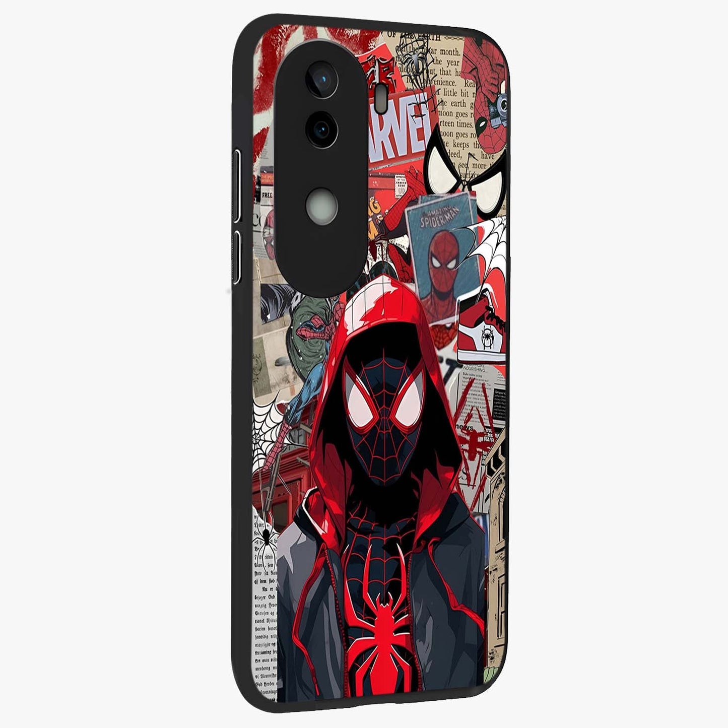 Spider Collage Street Glass Case upright view showcasing bold superhero artwork with urban street theme.