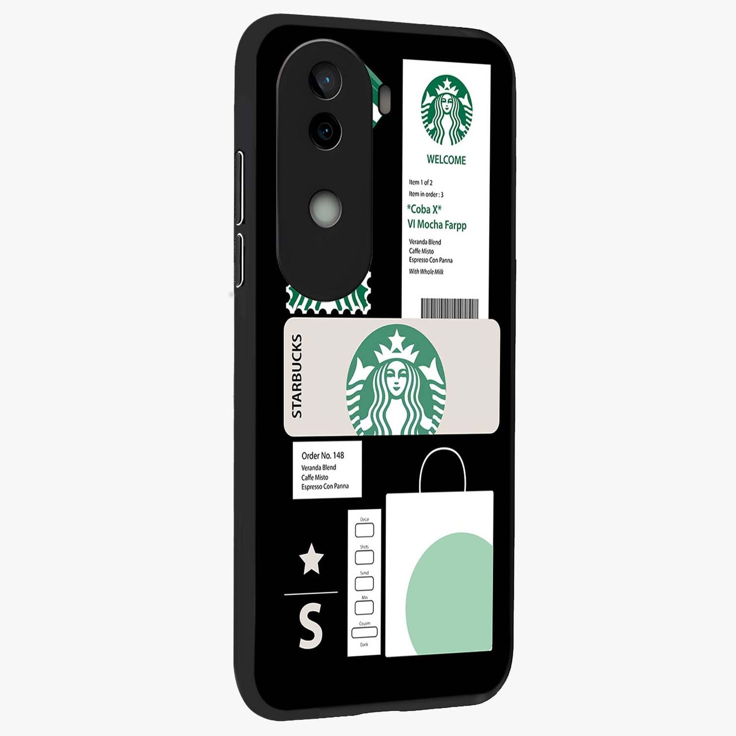 Starbucks Mocha Glass Case upright view showcasing trendy coffee inspired artwork with modern lifestyle theme.