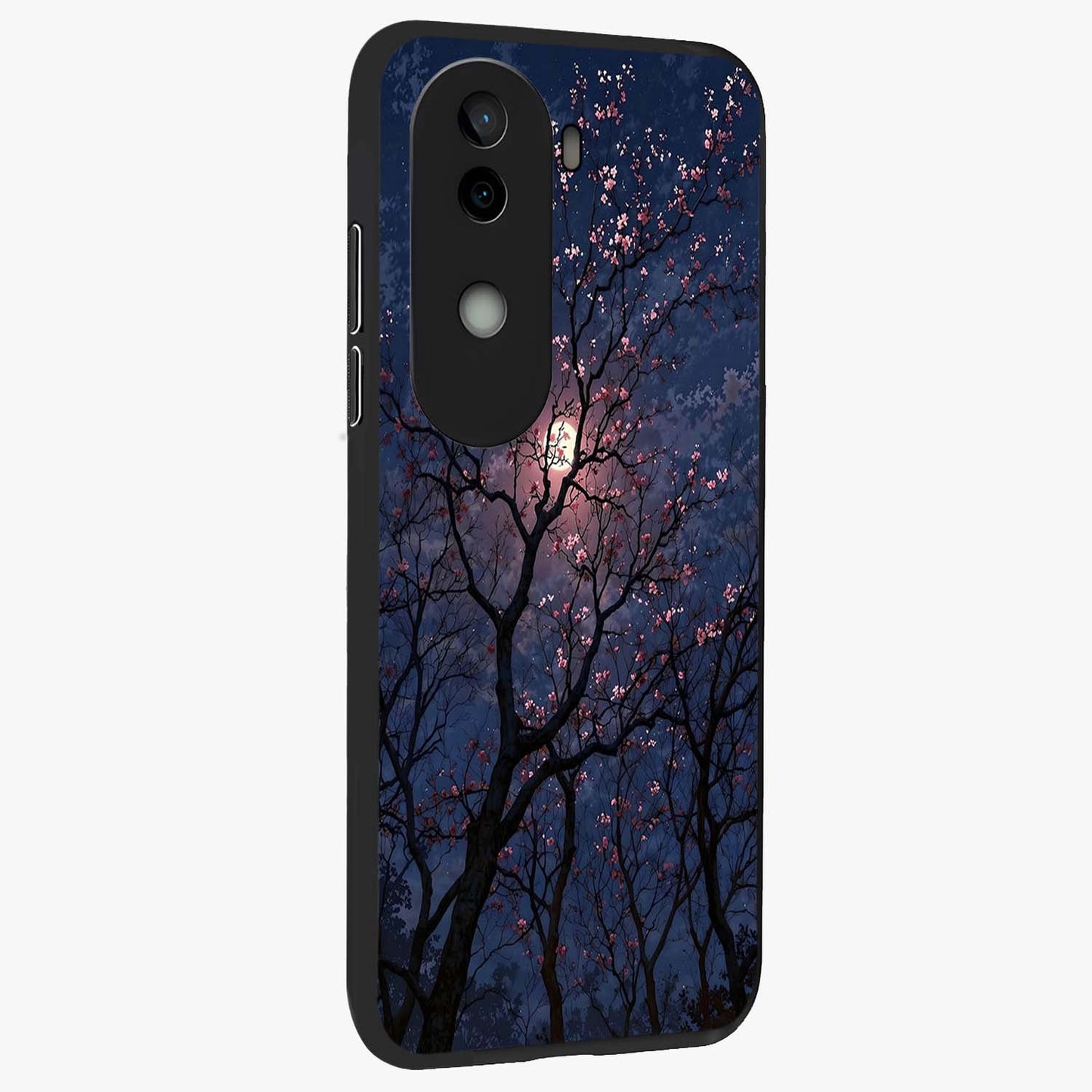 Twilight Sakura Serenade Glass Case upright view showcasing beautiful cherry blossom artwork with serene evening theme.