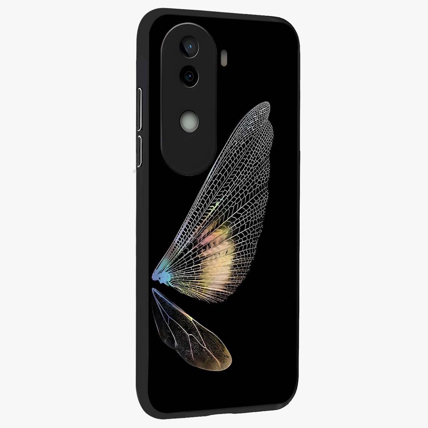 Whispers Of Wings Glass Case upright view showcasing elegant wing artwork with light airy theme.