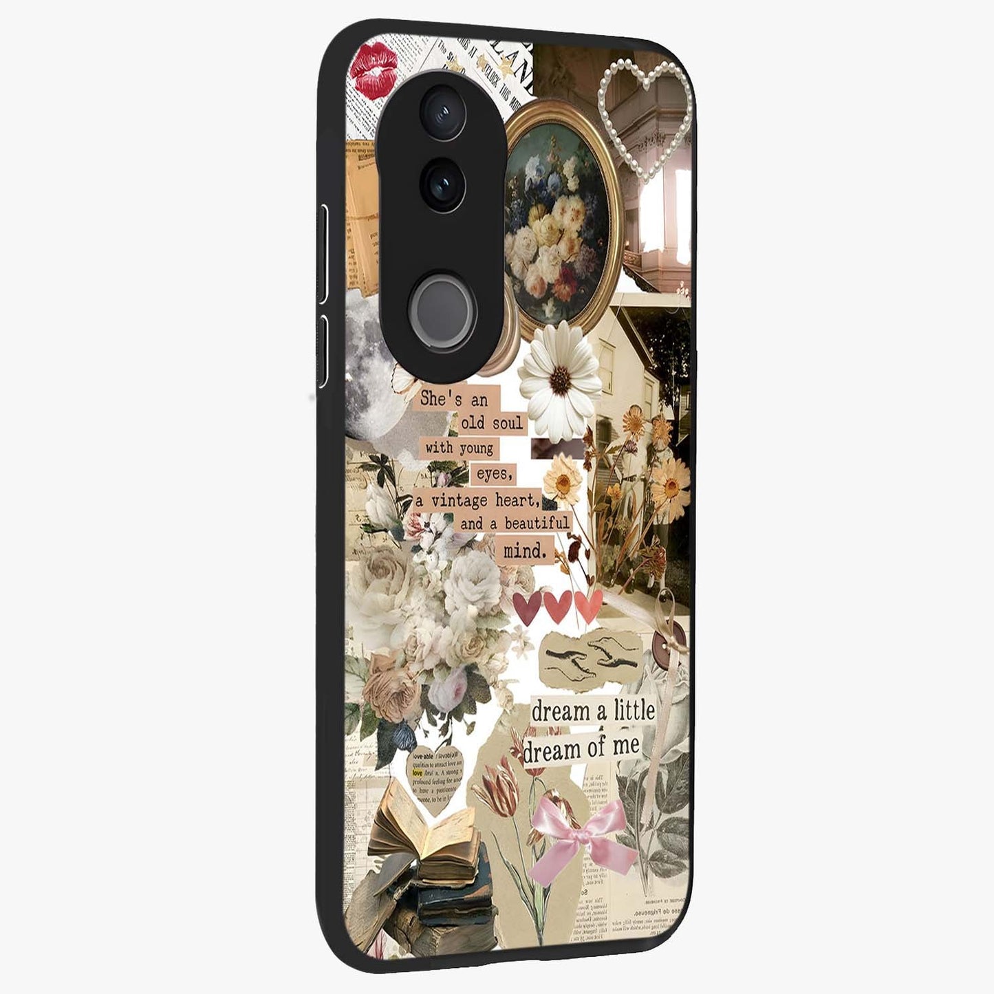 Aesthetic Brown Vintage Collage Glass Case upright view showcasing nostalgic retro artwork with stylish vintage theme.