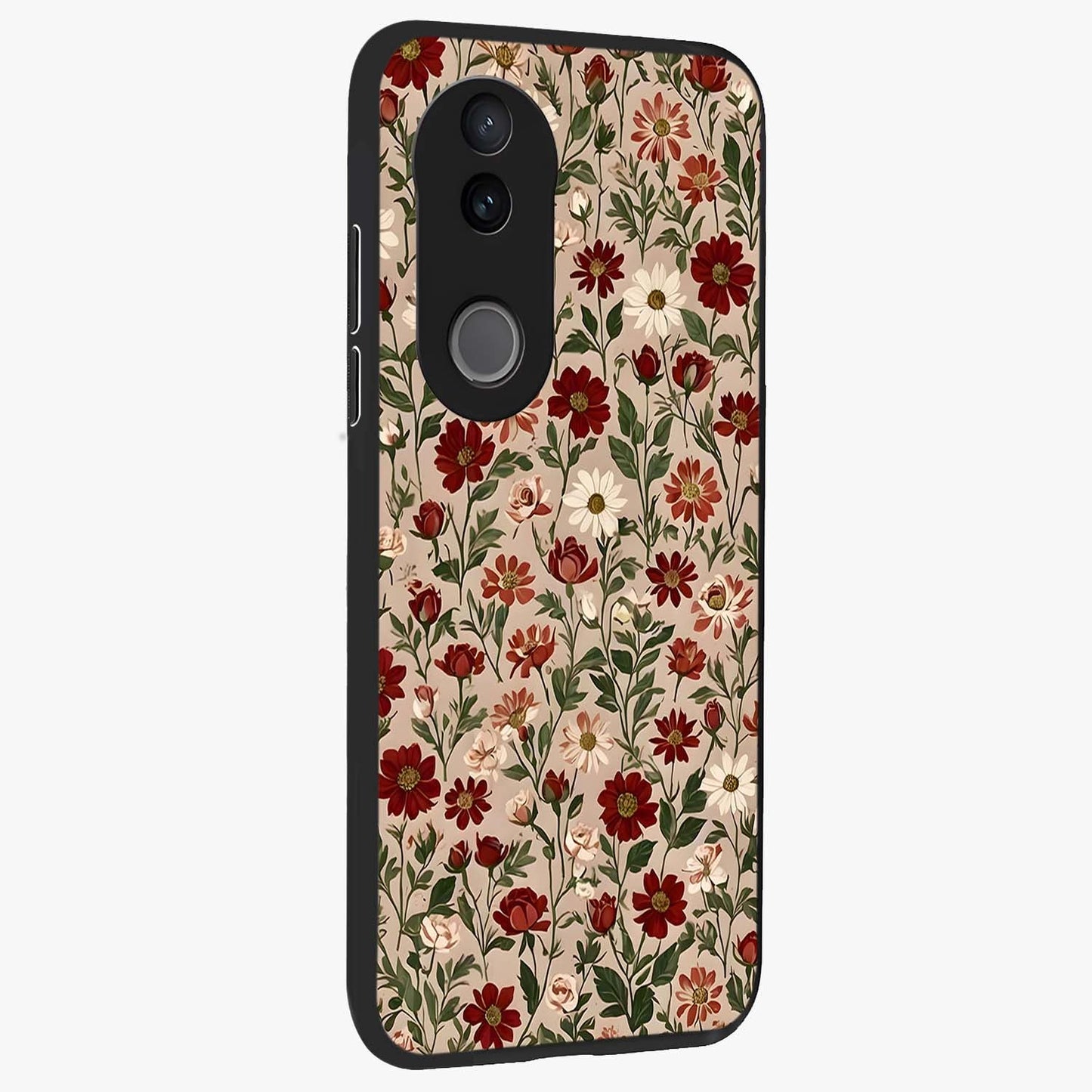 Biege Flower With Leaf Glass Case upright view showcasing delicate beige flower illustration with clean botanical style.