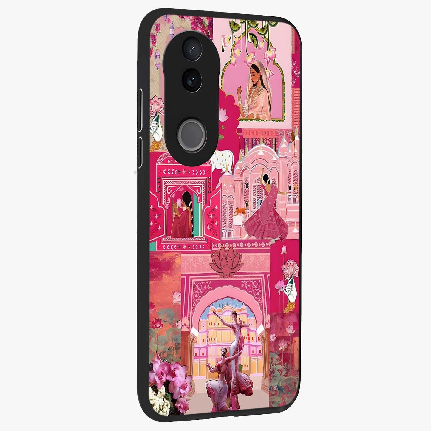 Blossoms of Rajasthan Glass Case upright view showcasing colorful floral design inspired by traditional Indian art.