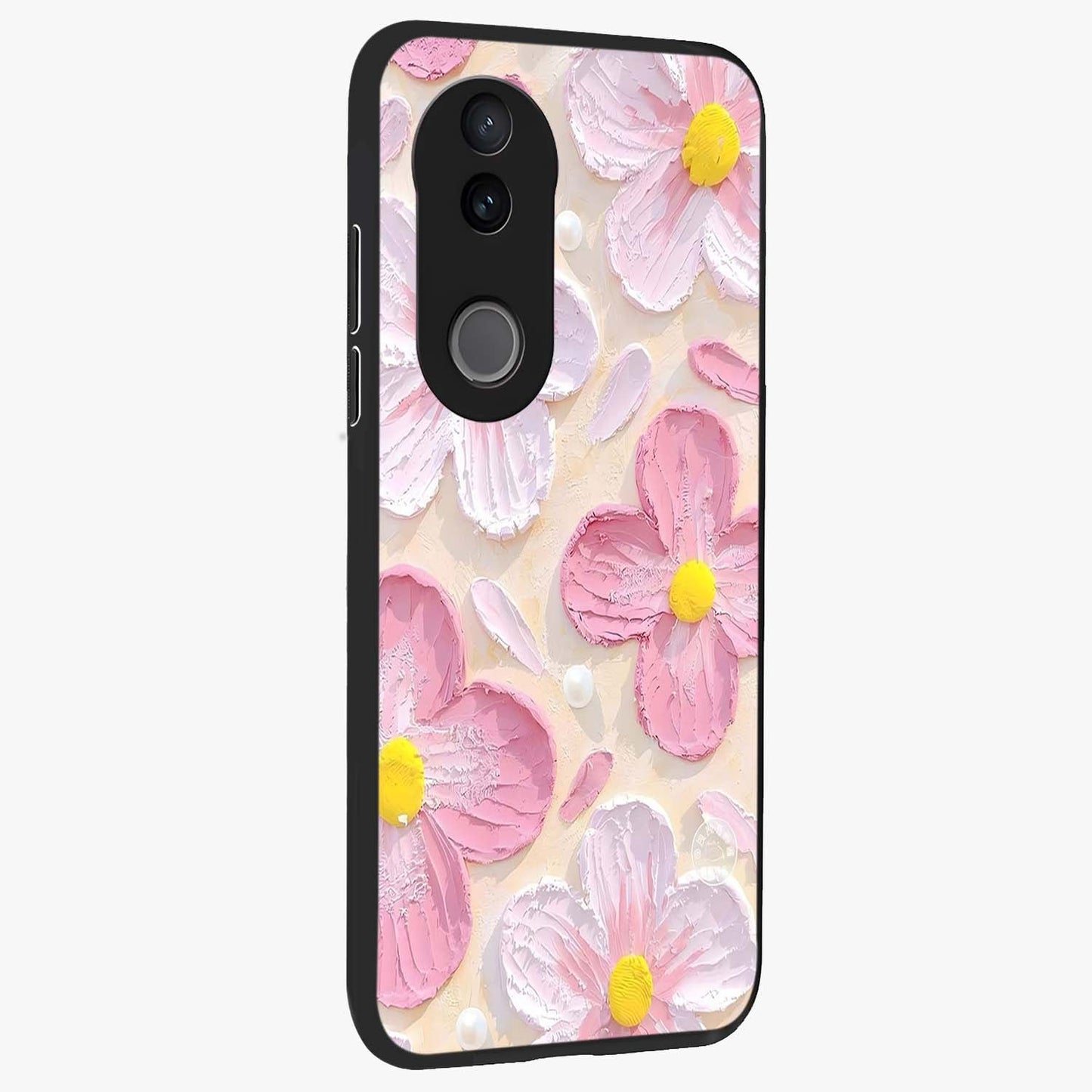 Blush Bloom Texture Glass Case upright view showcasing delicate blush floral texture with modern minimal style.