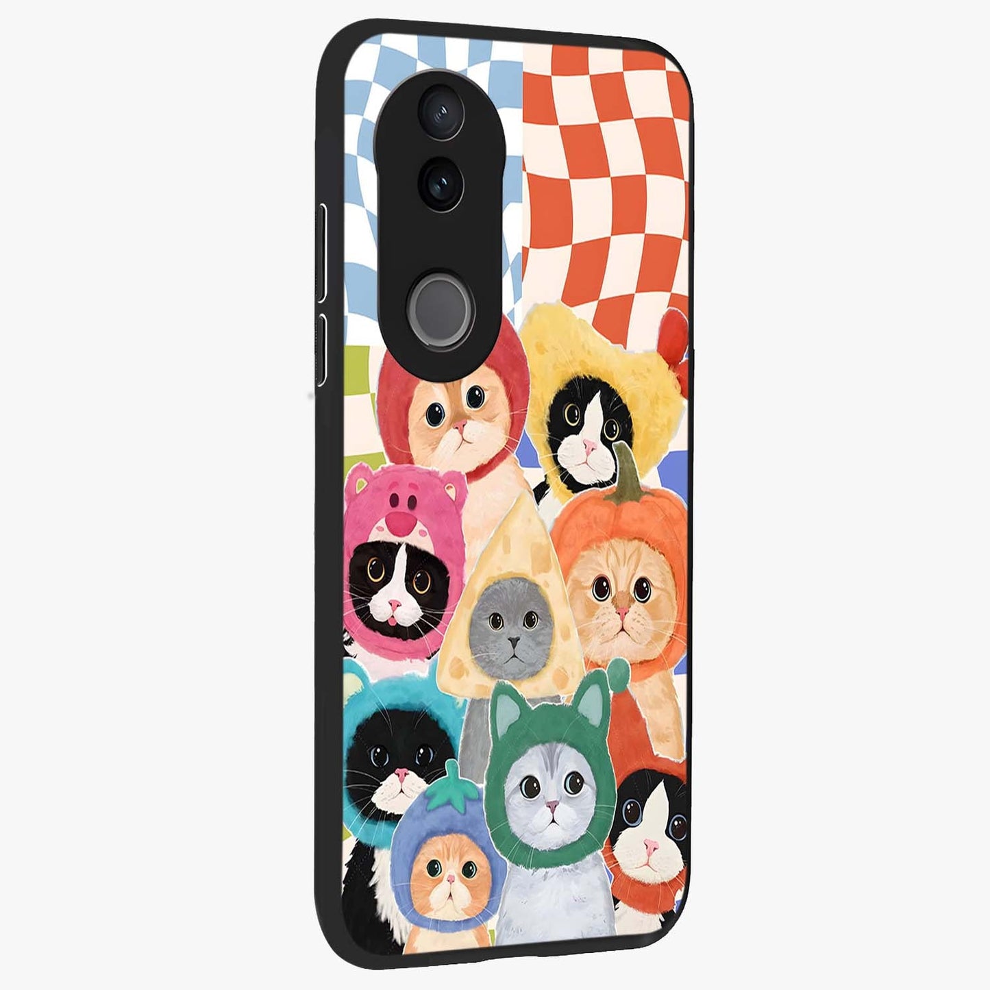 Cats in Fruits Glass Case upright view showcasing charming cat artwork with fun fruity theme.