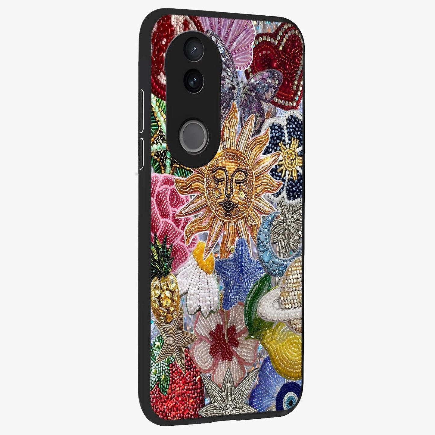 Celestial Floral and Playful Glass Case upright view showcasing whimsical floral artwork with cosmic aesthetic theme.