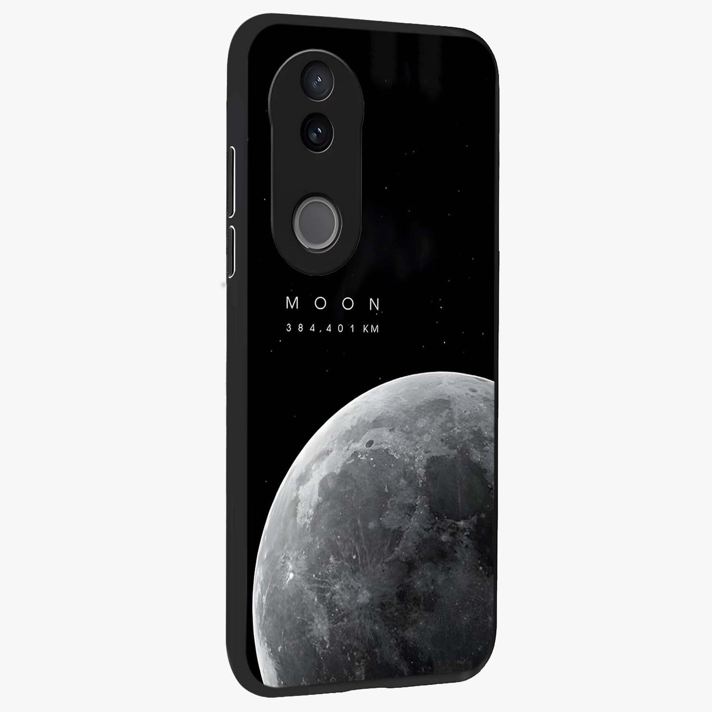 Cosmic Moon Glow Glass Case upright view showcasing luminous moon illustration with dreamy cosmic style.