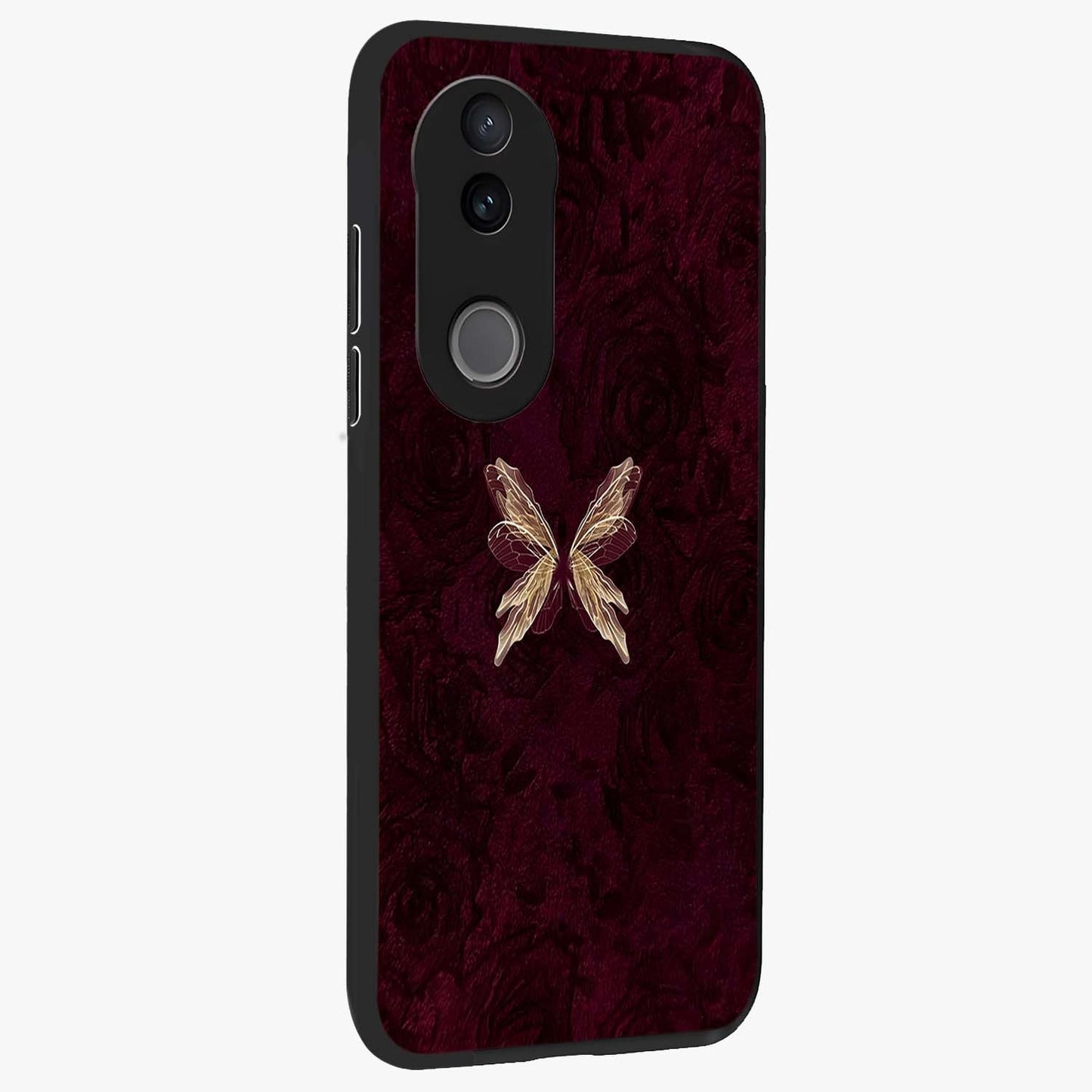 Crimson Fade Butterfly Glass Case upright view showcasing graceful butterfly artwork with soft crimson fade effect.