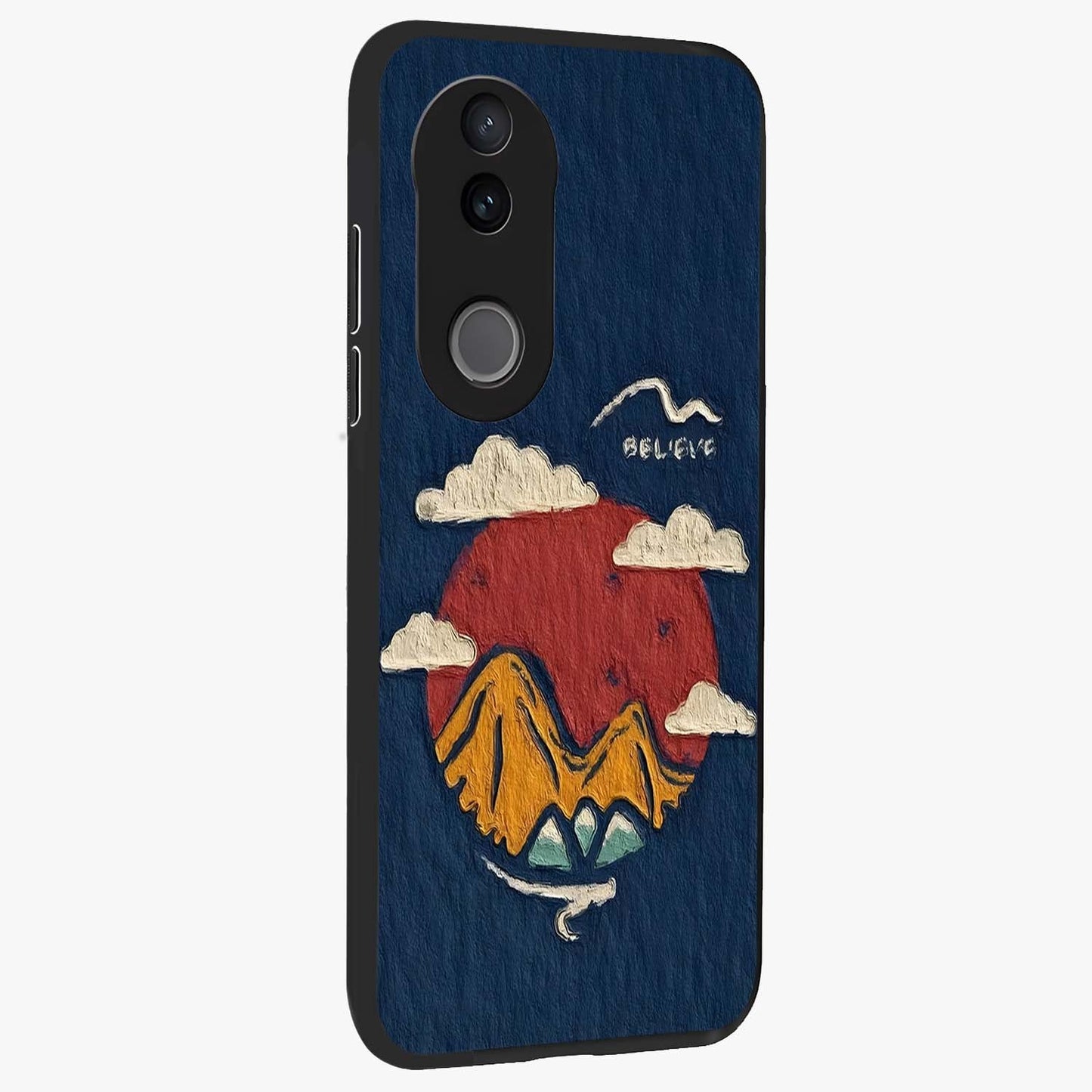 Dream Beyond Mountains Glass Case upright view showcasing beautiful mountain scenery with inspirational nature theme.