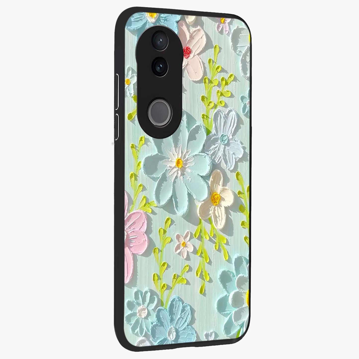 Frosted Petal Garden Glass Case upright view showcasing elegant floral garden artwork with soothing pastel theme.