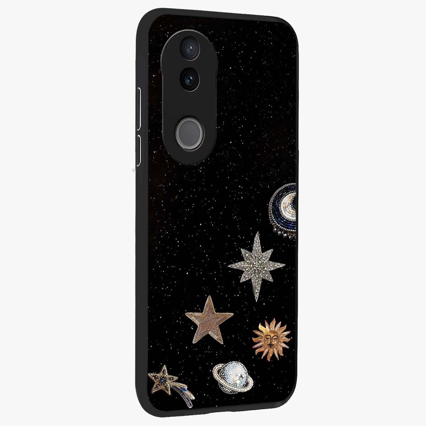 Galactic Charm Glow Glass Case upright view showcasing glowing cosmic charm artwork with magical celestial style.