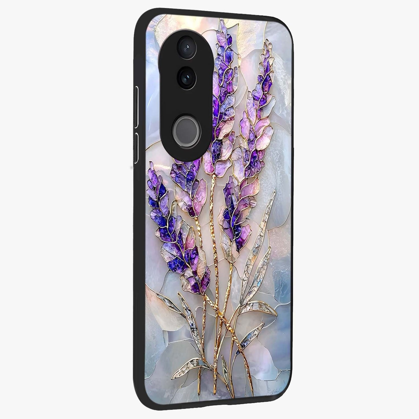 Lavender Dream Glow Glass Case upright view showcasing radiant lavender glow artwork with calming dreamy theme.
