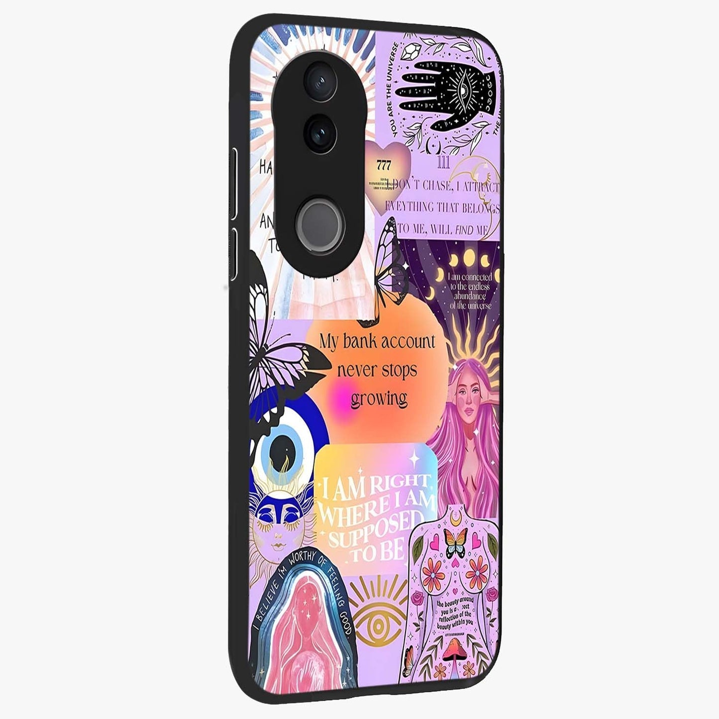 Manifestation Collage Glass Case upright view showcasing artistic manifestation themed artwork with creative style.