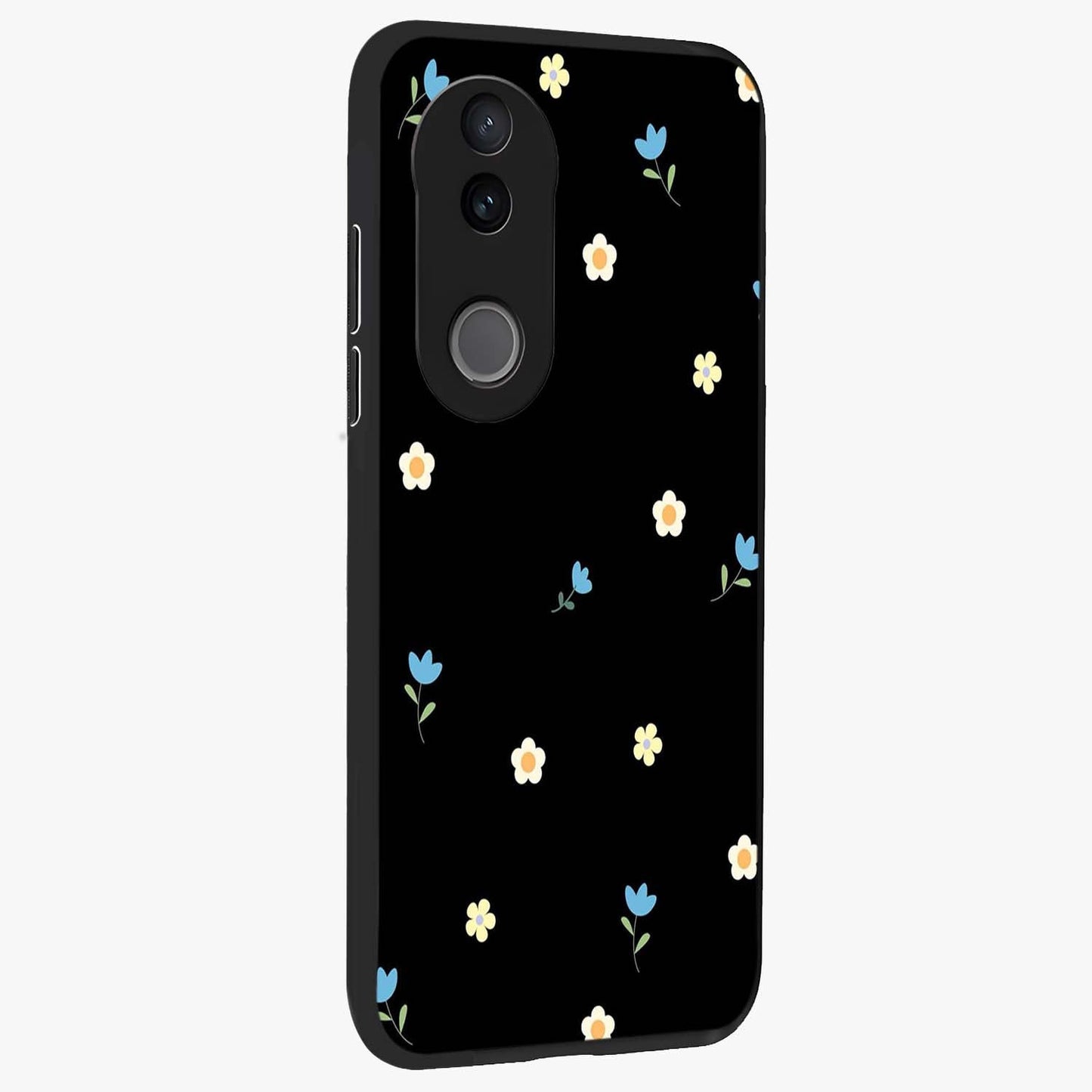 Minimal Petal Whispers Glass Case upright view showcasing elegant floral artwork with modern minimalist style.