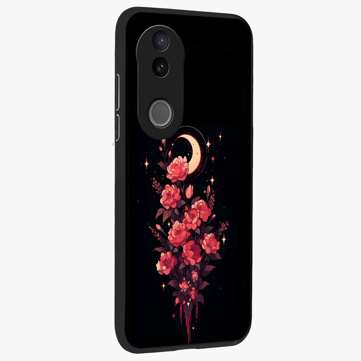 Moonlit Floral Elegance Glass Case upright view showcasing delicate floral artwork with refined night inspired theme.