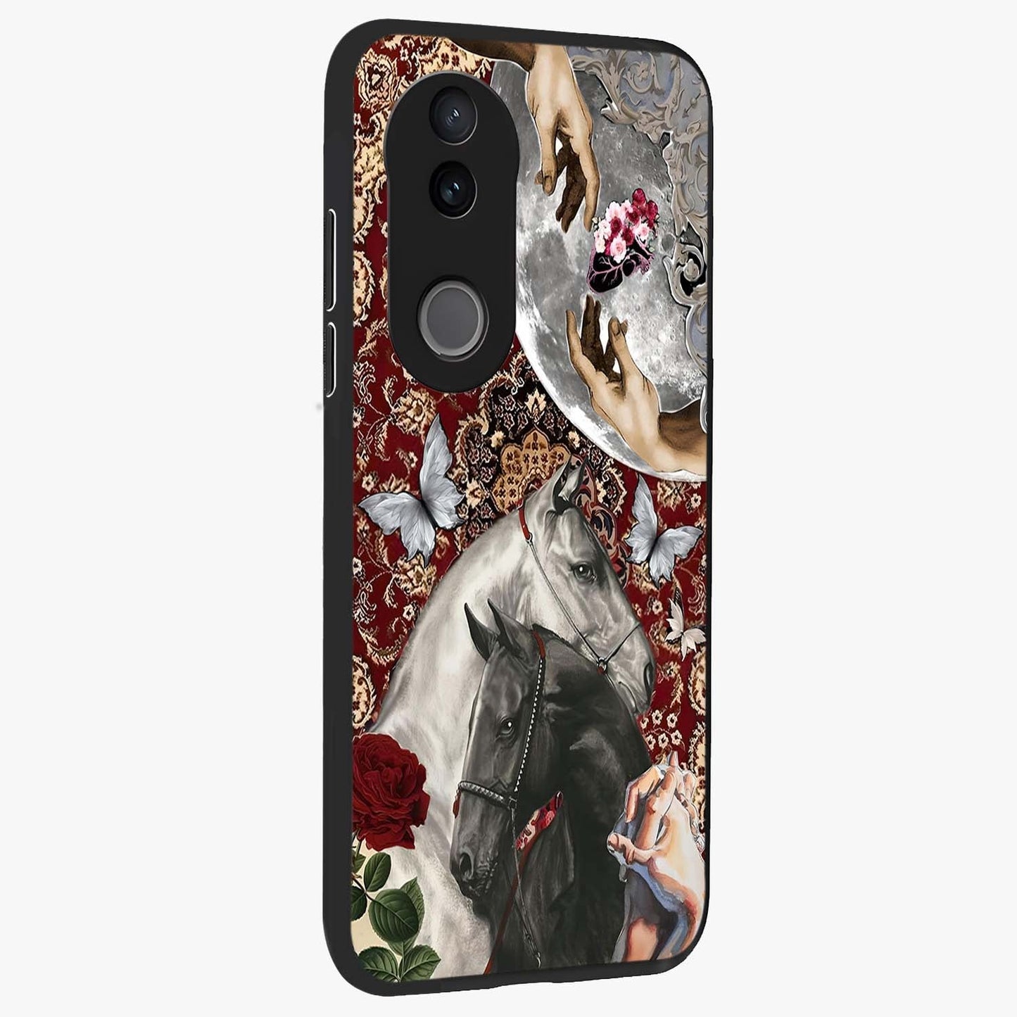 Moonlit Royal Stallion Glass Case upright view showcasing dramatic horse artwork with glowing moon themed design.