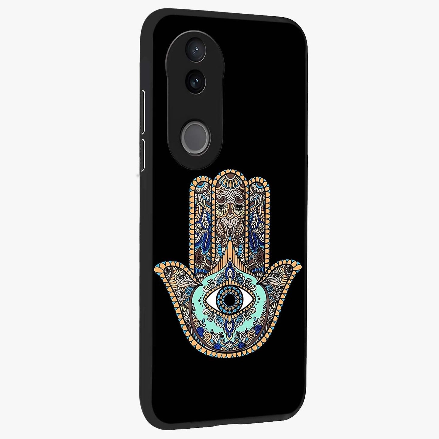 Mystic Hamsa Eye Glass Case upright view showcasing detailed hamsa eye artwork with protective spiritual theme.
