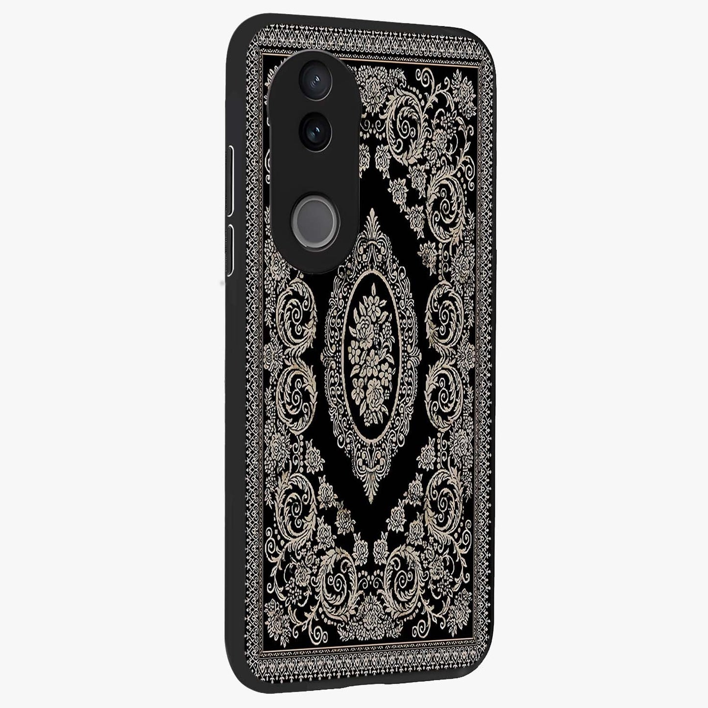Noir Bloom Elegance Glass Case upright view showcasing graceful floral artwork with luxurious dark theme.