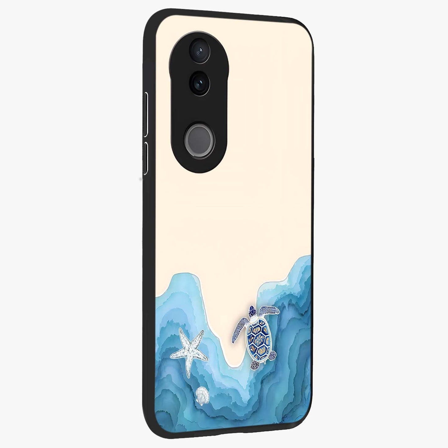 Ocean Drift Turtle Glass Case upright view showcasing calm underwater turtle artwork with nature inspired theme.