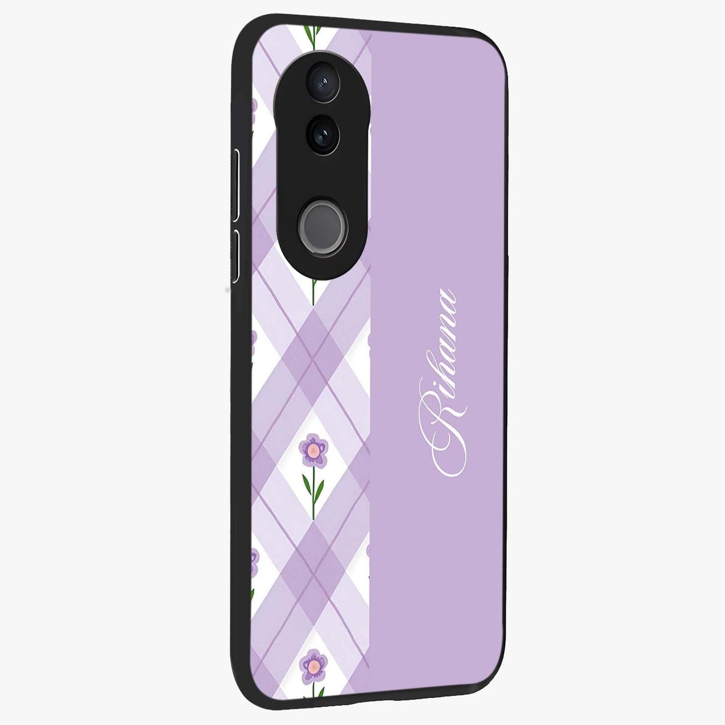Purple Diamond Floral Glass Case upright view showcasing vibrant floral artwork with stylish geometric theme.