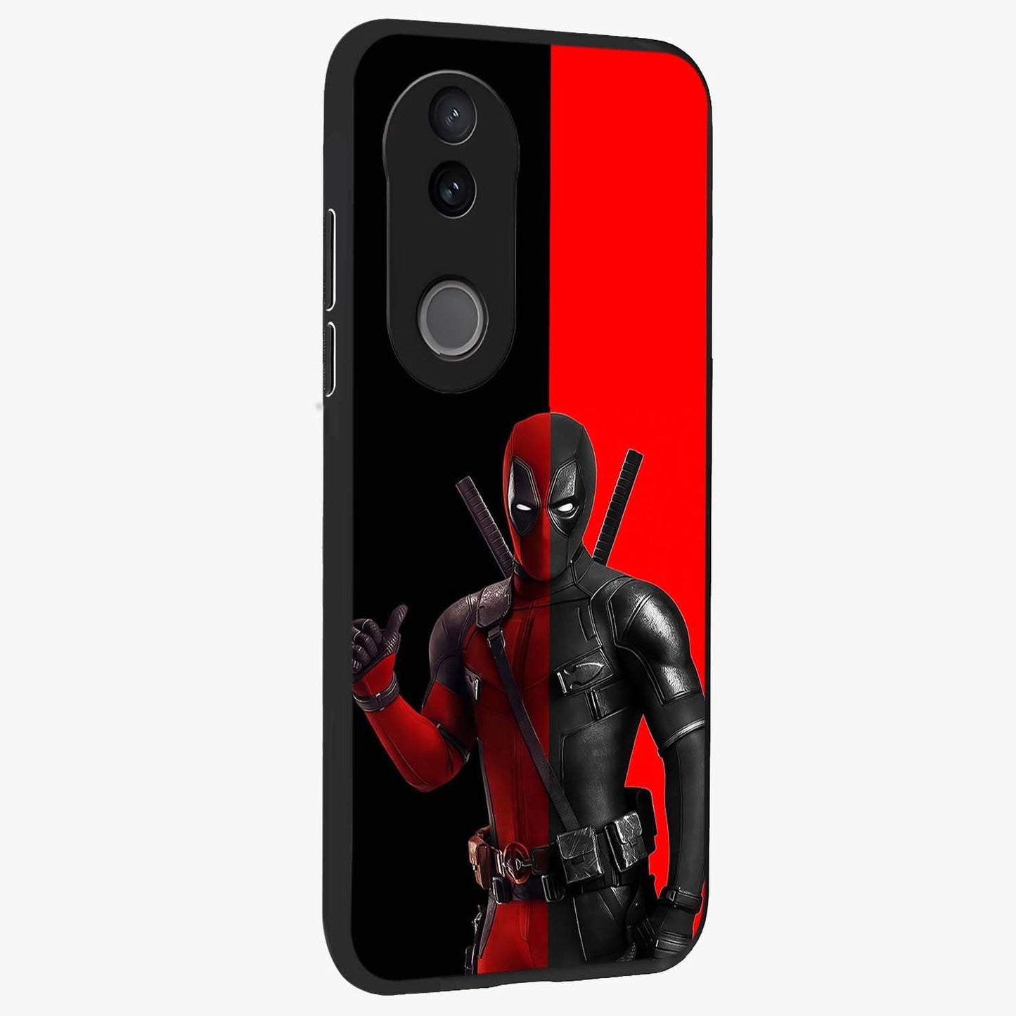 Red & Black Deadpool Theme Glass Case upright view showcasing energetic comic themed artwork with striking red and black design.