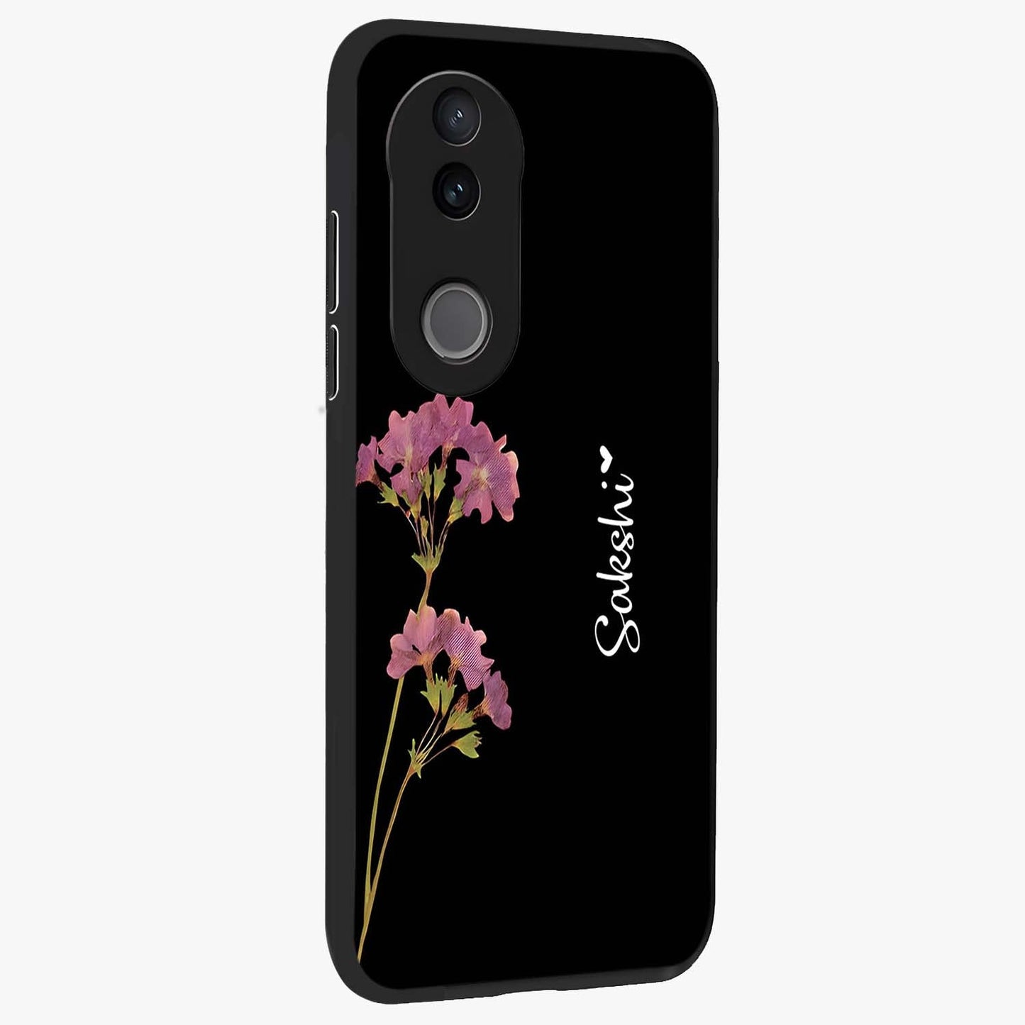 Riching Lavender Flower Custom Name Glass Case upright view showcasing elegant lavender floral artwork with personalized aesthetic.