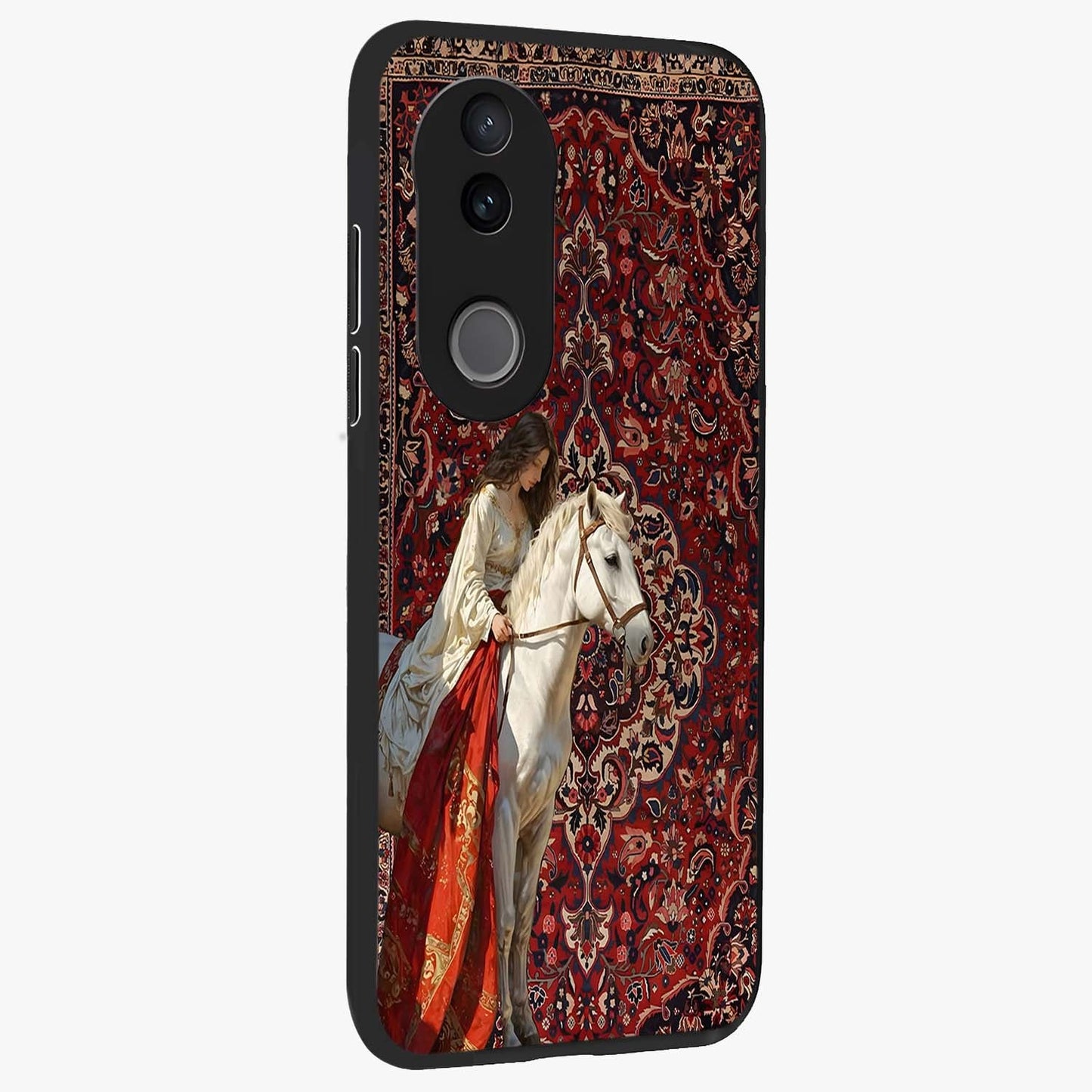 Royal Rider Tapestry Glass Case upright view showcasing detailed rider artwork with classic tapestry theme.
