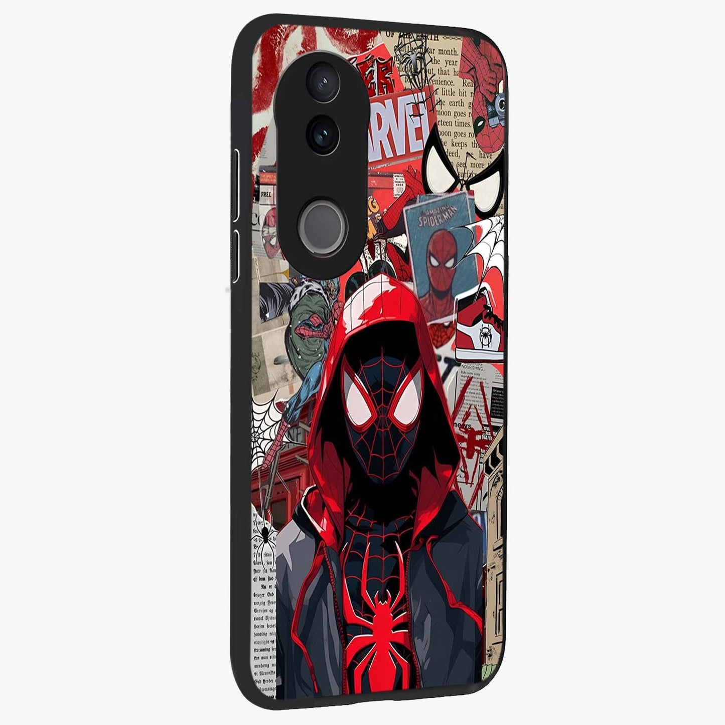 Spider Collage Street Glass Case upright view showcasing bold superhero artwork with urban street theme.