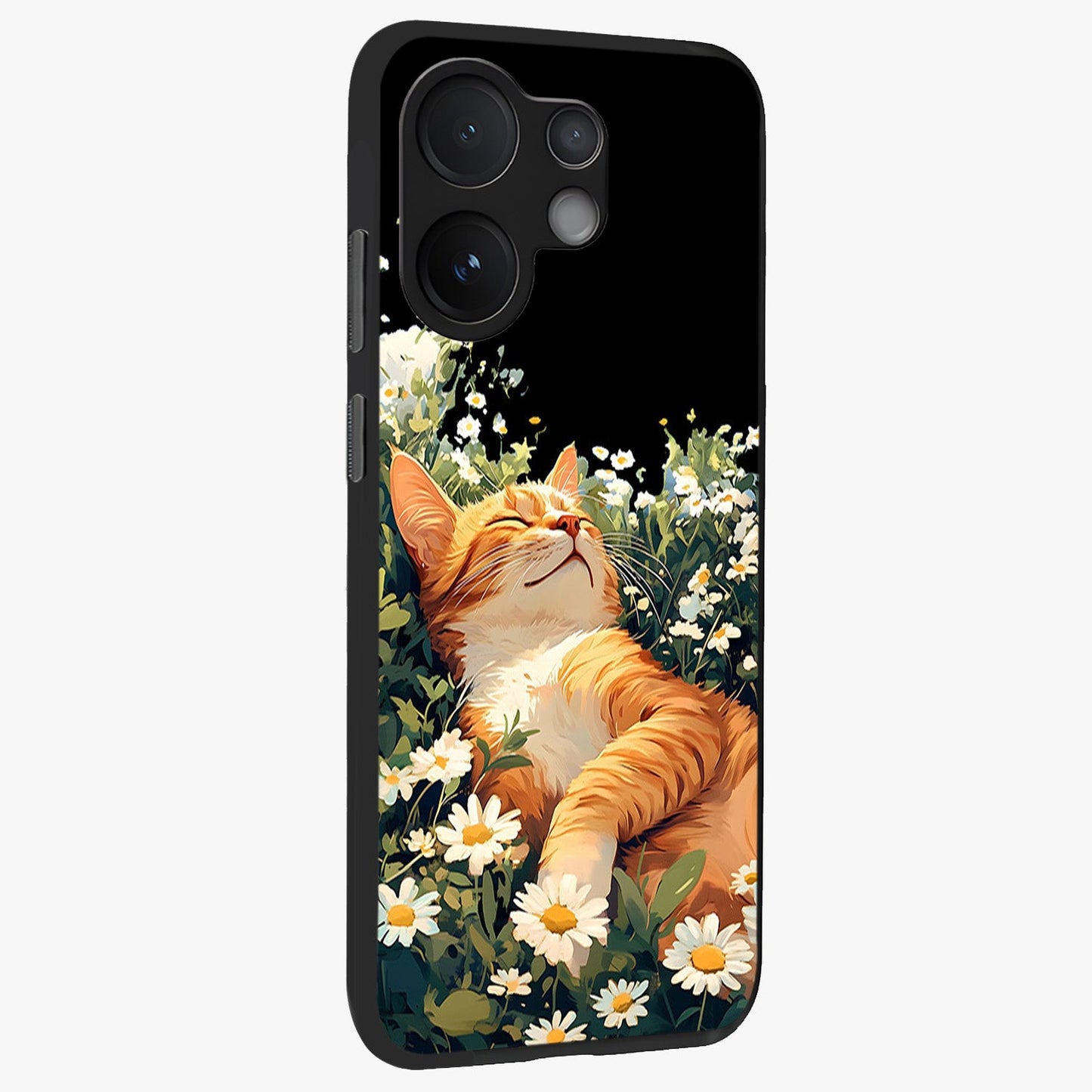 Blissful Bloom Cat Glass Case upright view showcasing charming cat design surrounded by blooming floral elements.