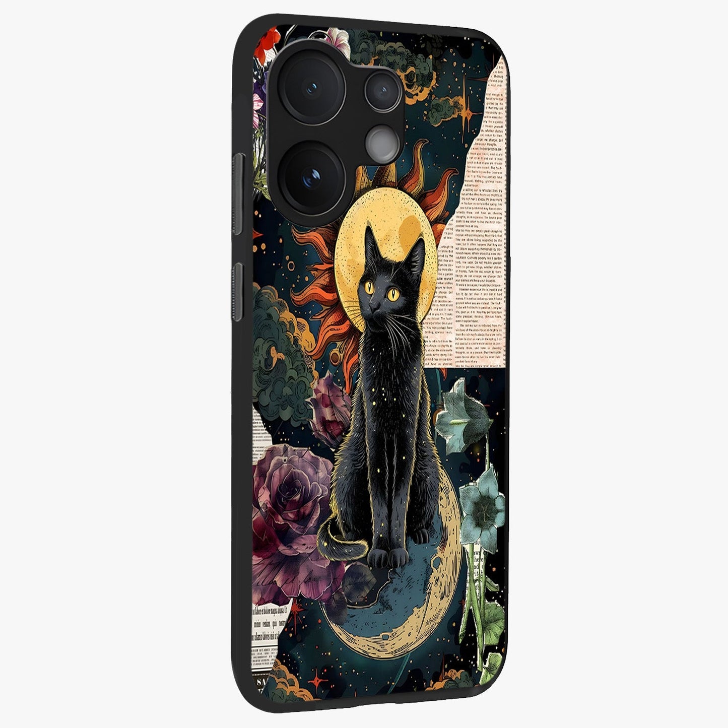Celestial Black Cat Glass Case upright view showcasing magical black cat illustration with starry cosmic theme.