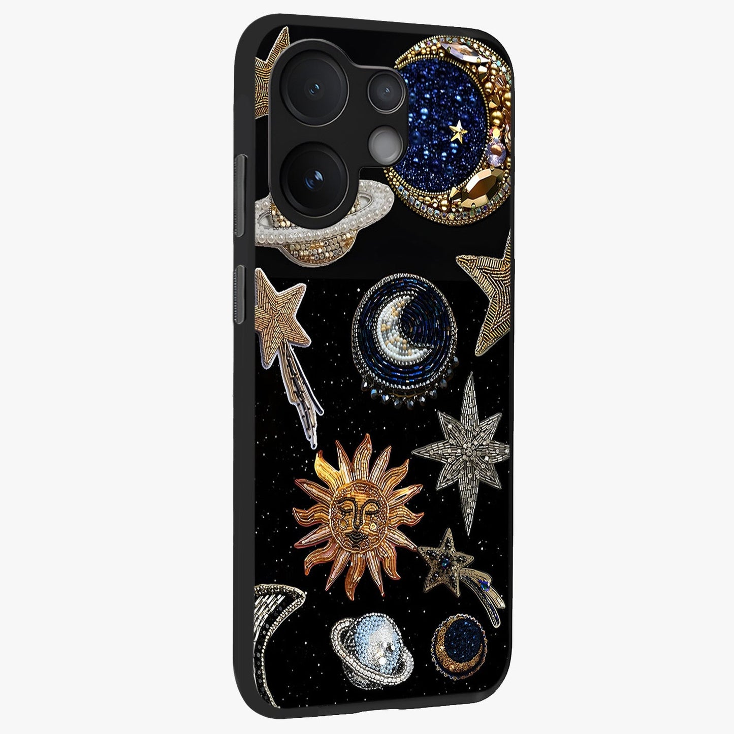 Celestial Gem Constellations Glass Case upright view showcasing cosmic constellation artwork with celestial aesthetic style.