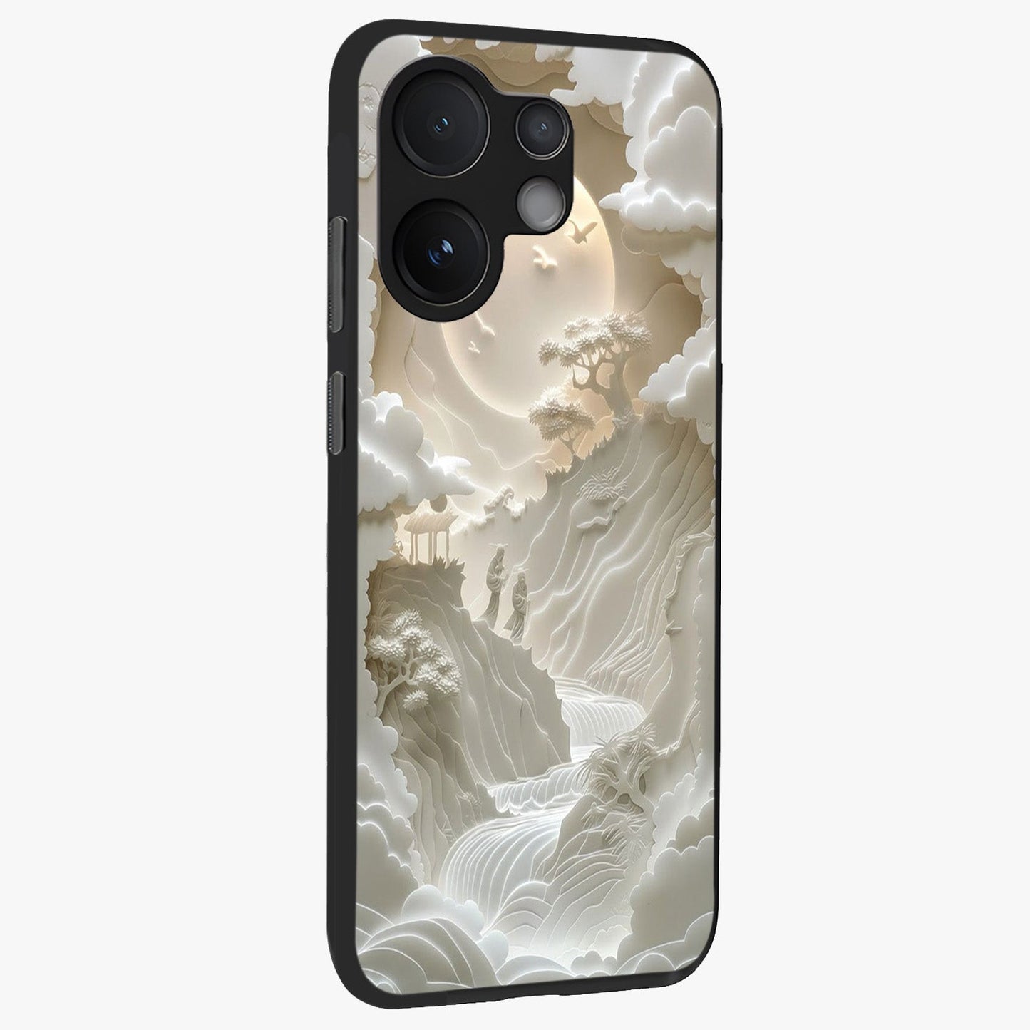Celestial Origami Glass Case upright view showcasing creative origami artwork with modern celestial style.