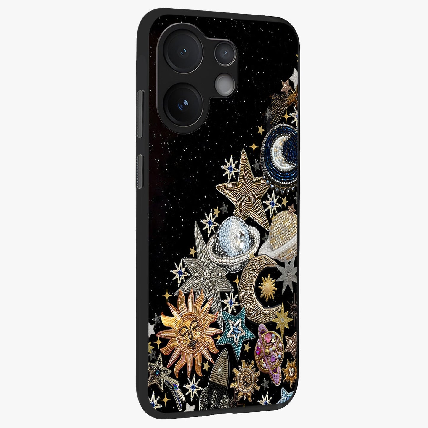 Cosmic Sparkle Dreams Glass Case upright view showcasing glowing cosmic artwork with magical galaxy theme.