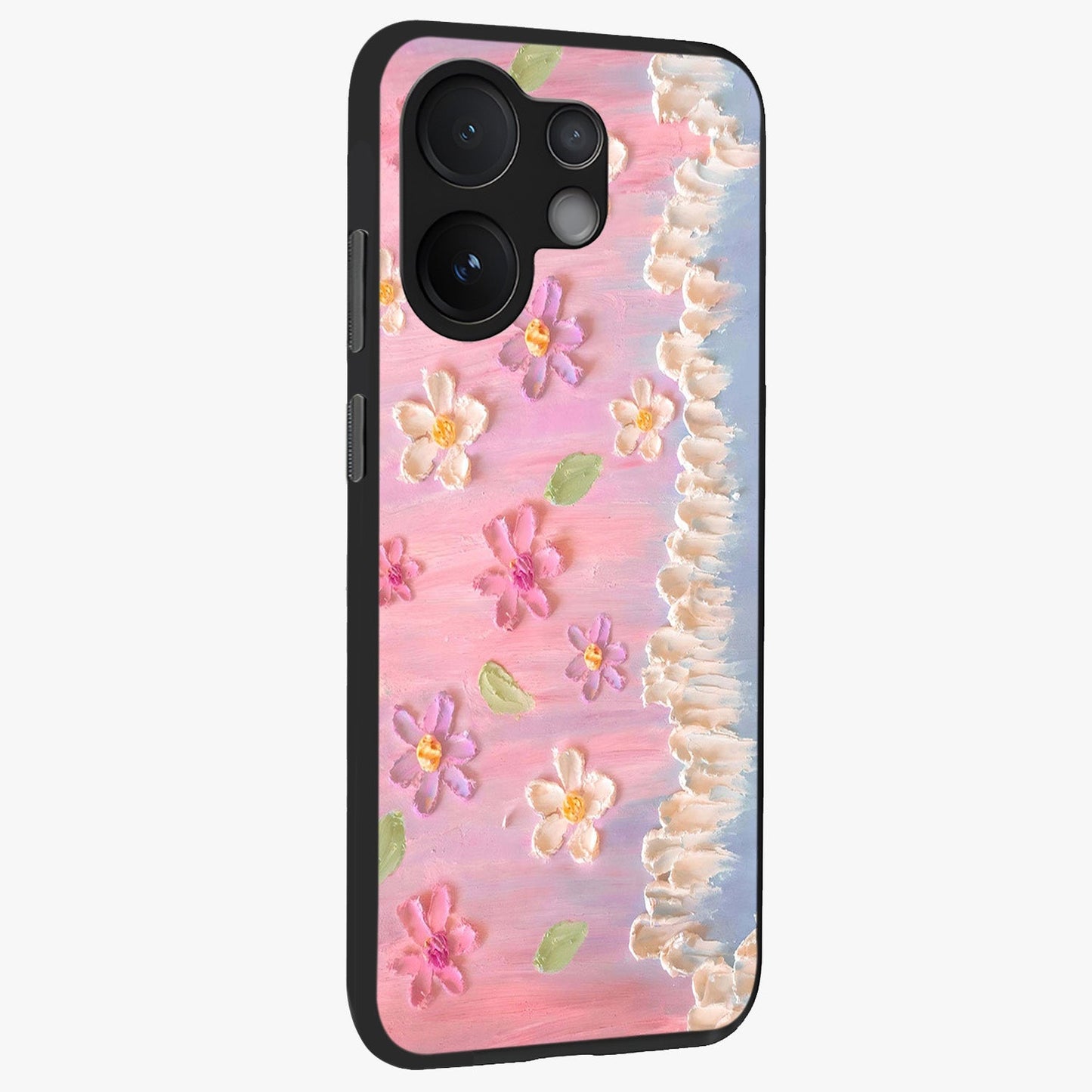 Dreamy Painted Garden Glass Case upright view showcasing vibrant floral garden artwork with artistic nature theme.