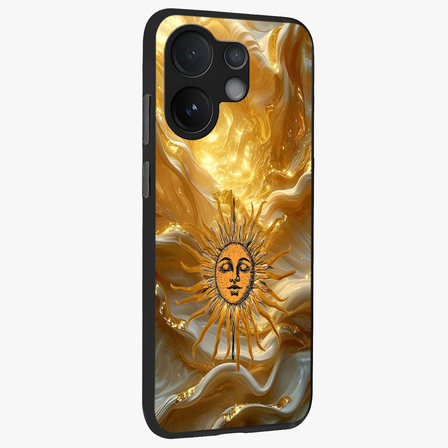 Eternal Golden Glow Glass Case upright view showcasing luminous golden artwork with luxurious visual theme.