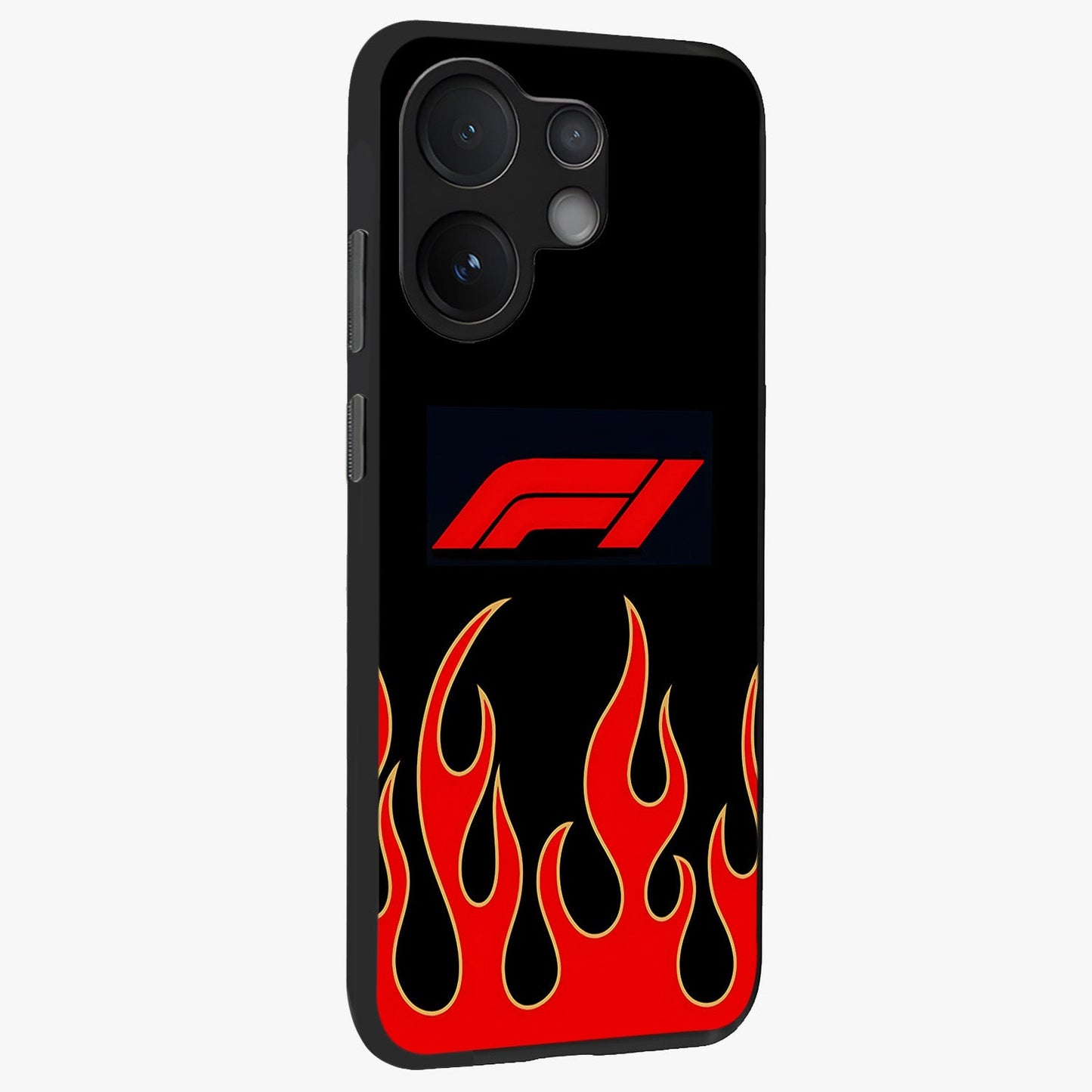 Fire F11 Glass Case upright view showcasing dynamic flame artwork with intense visual theme.
