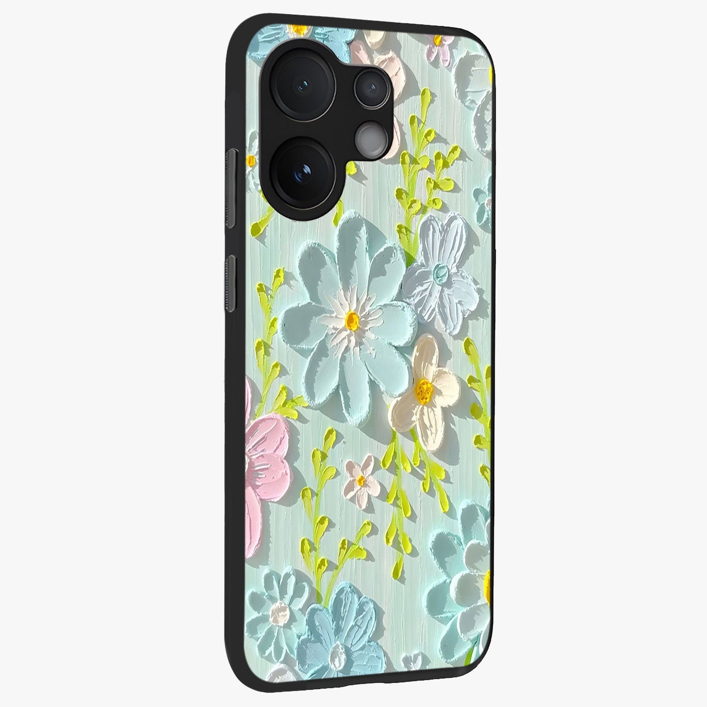 Frosted Petal Garden Glass Case upright view showcasing elegant floral garden artwork with soothing pastel theme.