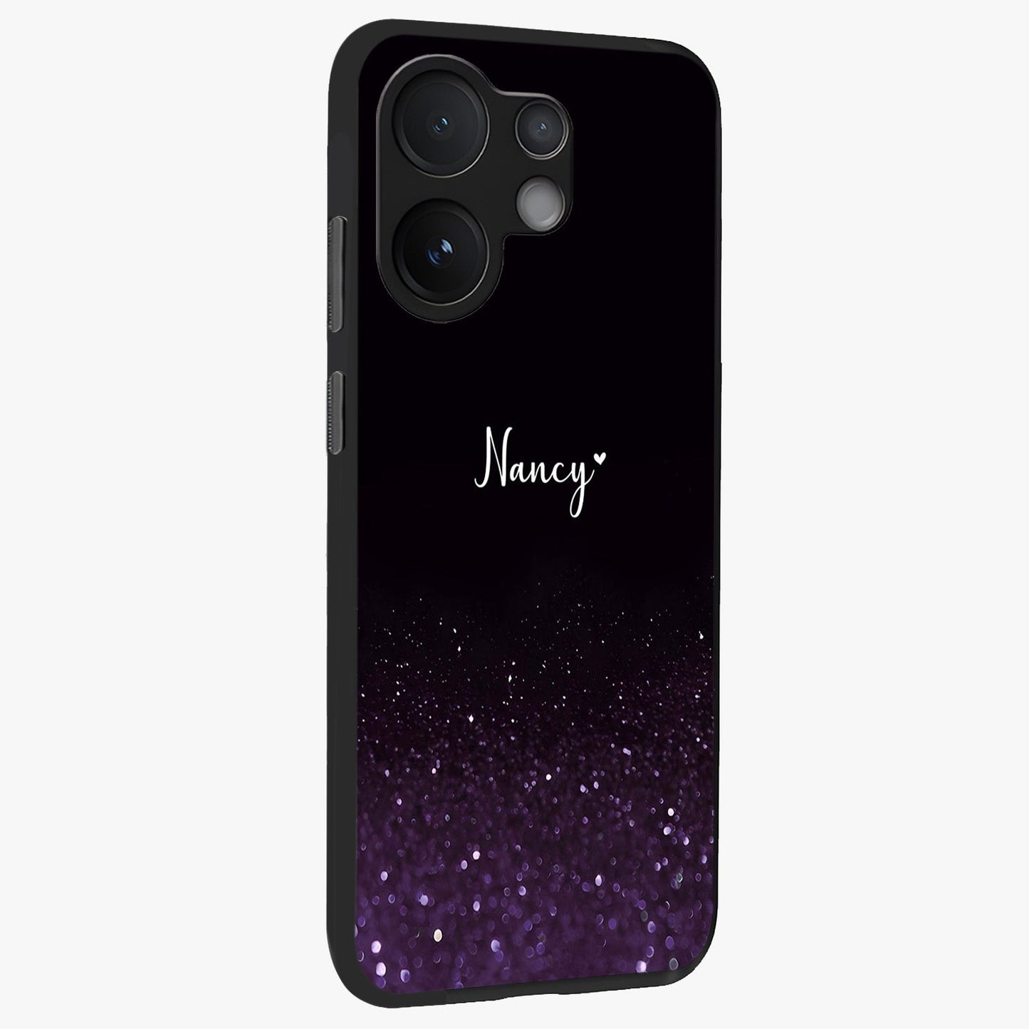 Glittery Purple Bokeh Custom Name Glass Case upright view showcasing vibrant purple sparkle artwork with personalized aesthetic style.