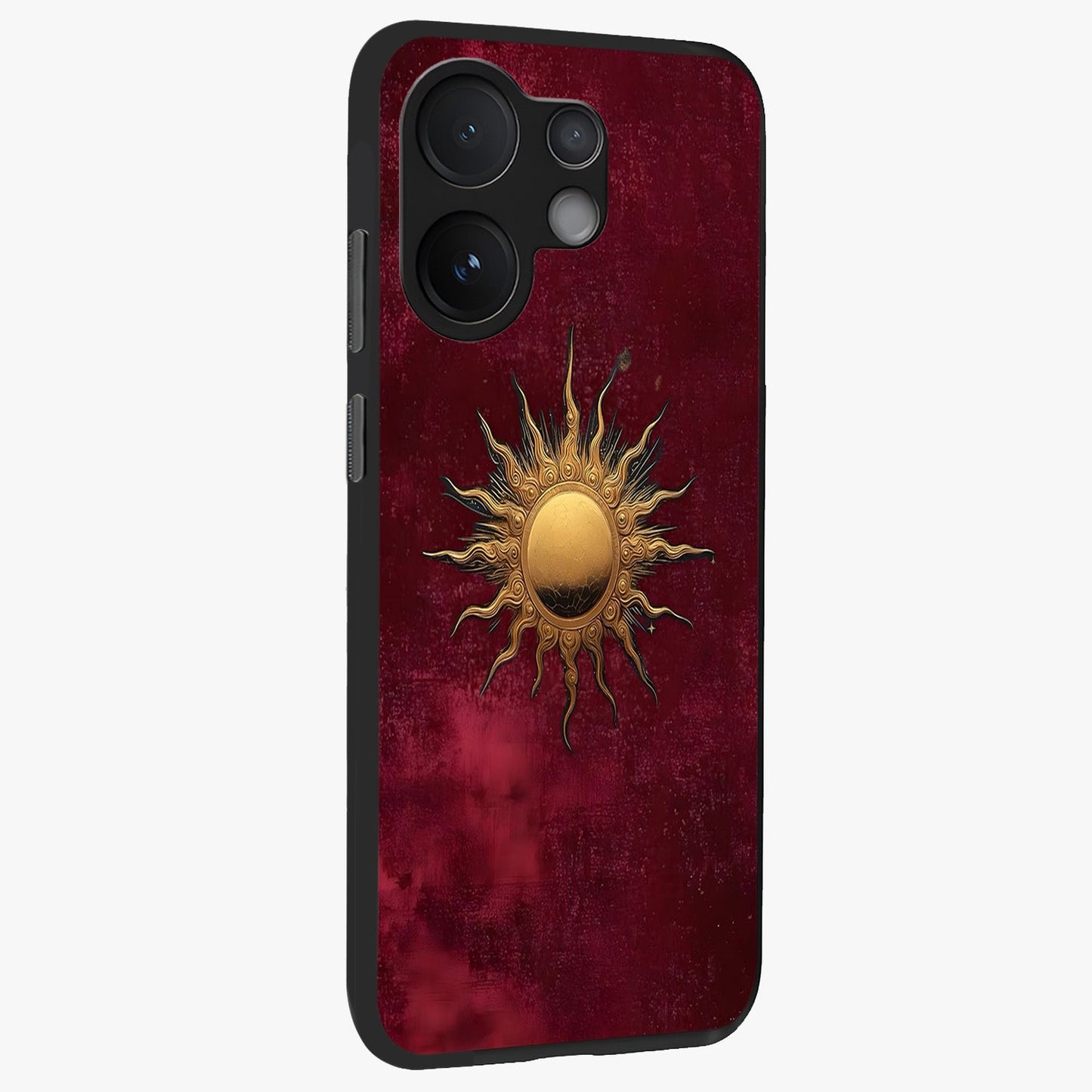 Golden Sun Minimalism Glass Case upright view showcasing simple golden sun artwork with elegant minimalist style.