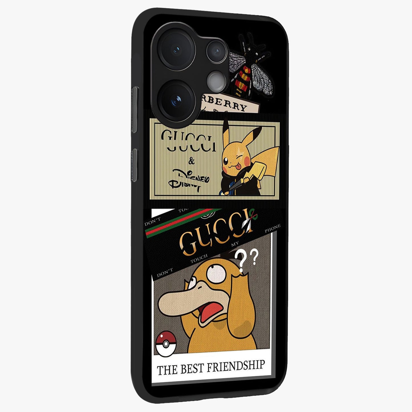 Gucci Play Mashup Glass Case upright view showcasing trendy luxury inspired artwork with modern fashion theme.
