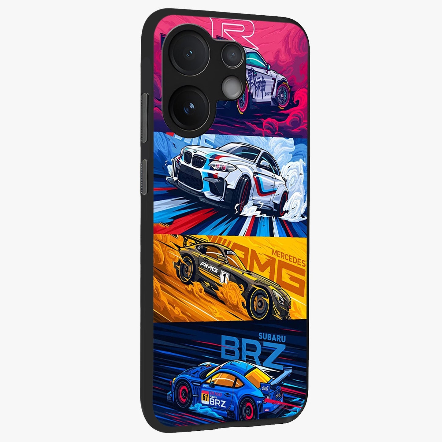 JDM Sports Car Glass Case upright view showcasing dynamic sports car artwork with bold racing theme.