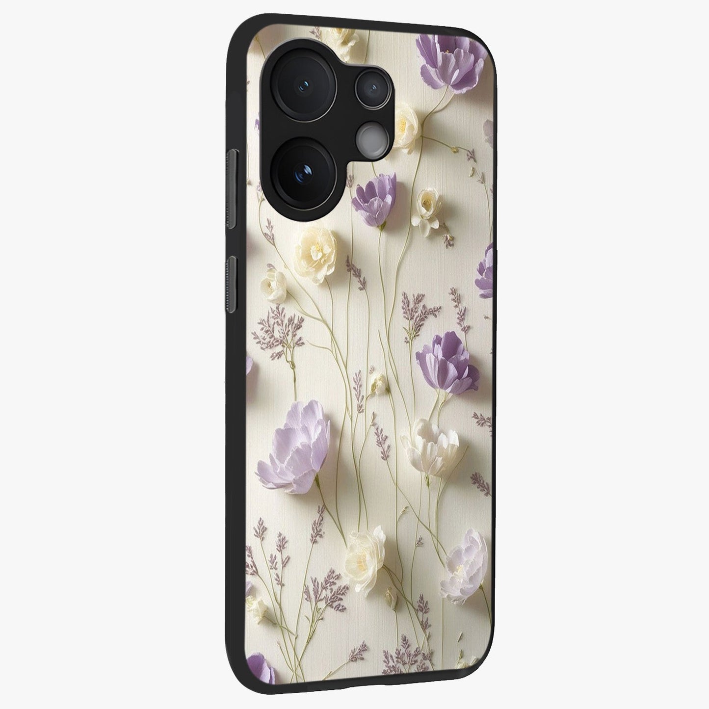 Lilac Breeze Harmony Glass Case upright view showcasing delicate lilac artwork with peaceful floral theme.